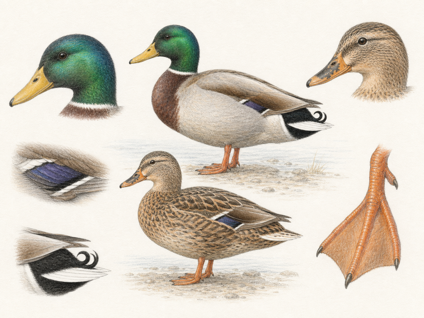 マガモの頭、くちばし、翼鏡、巻き尾、水かきの特徴をまとめた色鉛筆画