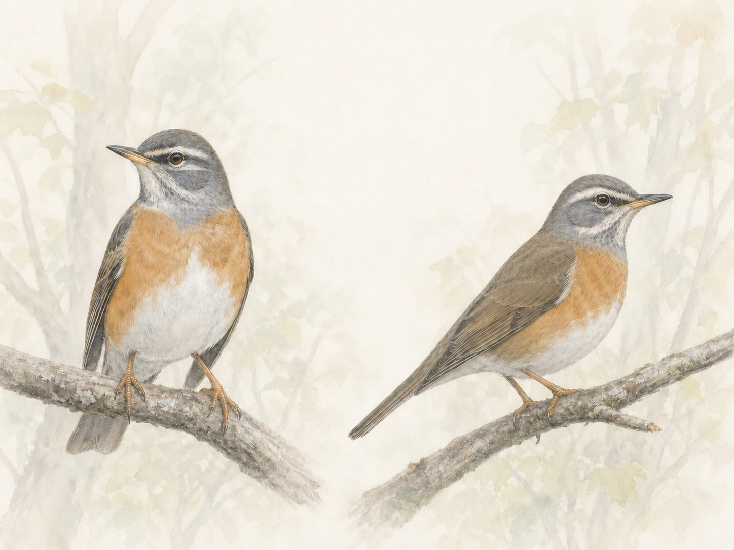 目の下の細い白線が見えるマミチャジナイの成鳥オス2羽の色鉛筆画