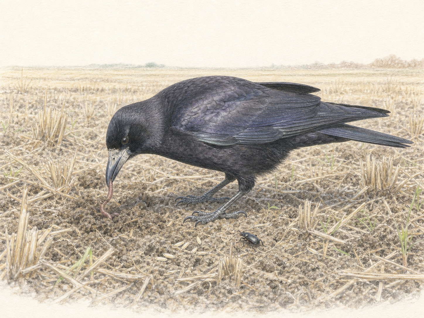 田んぼでミミズや落ち穂を探すミヤマガラスの色鉛筆画