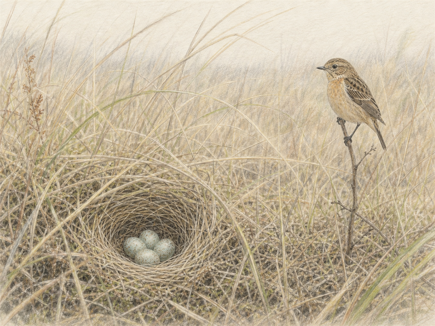 草陰の巣と少し離れた枝にとまるノビタキの親鳥を描いた図鑑風イラスト