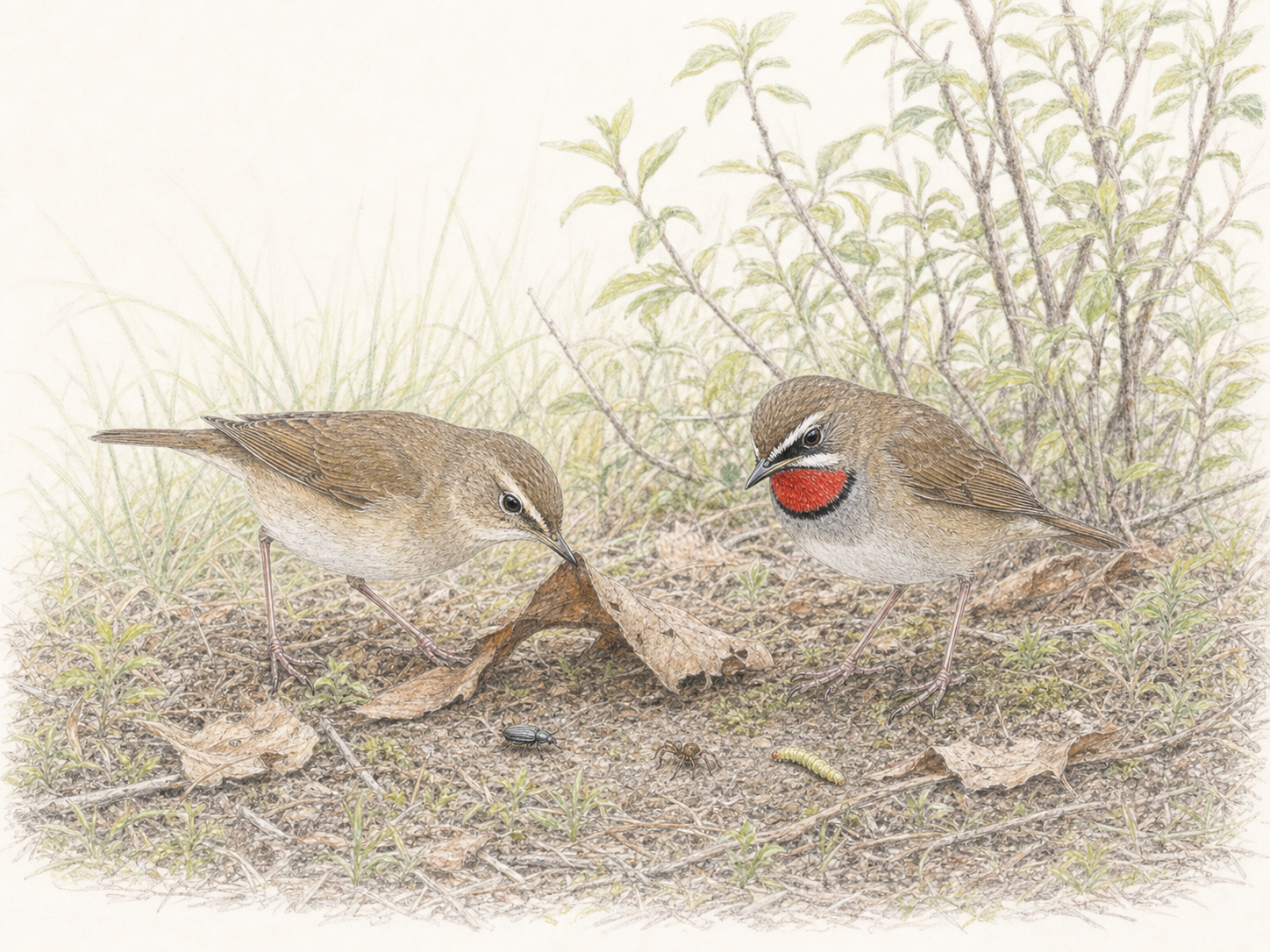 地上で昆虫・クモ・幼虫を探すノゴマの採食イラスト