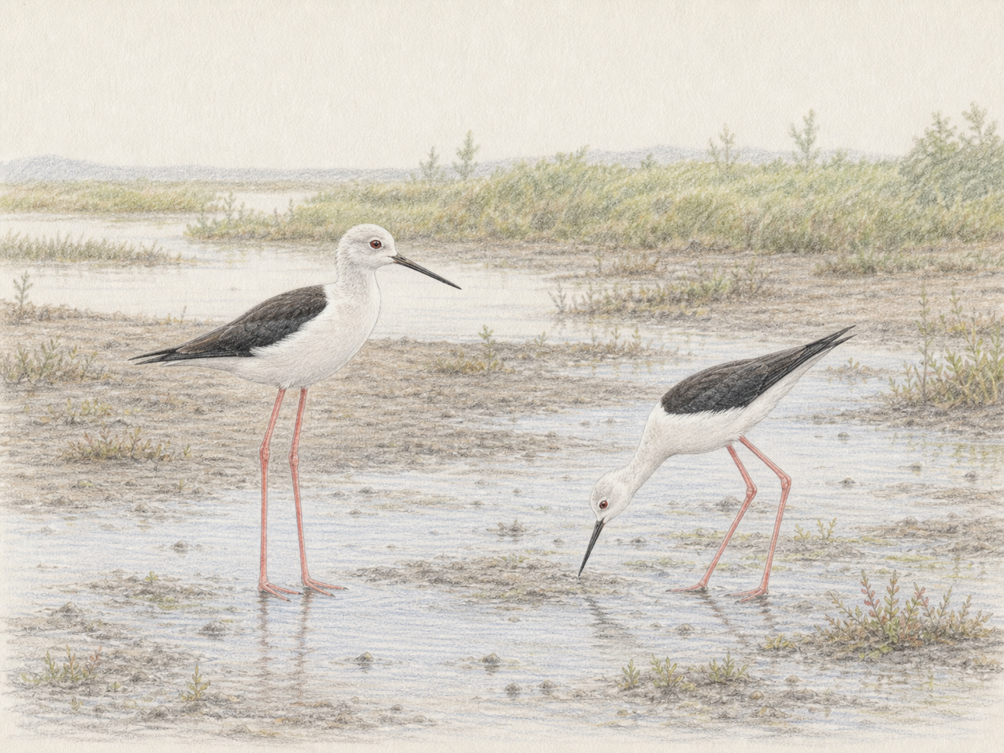 保全された浅い湿地で過ごすセイタカシギ2羽の淡い色鉛筆画