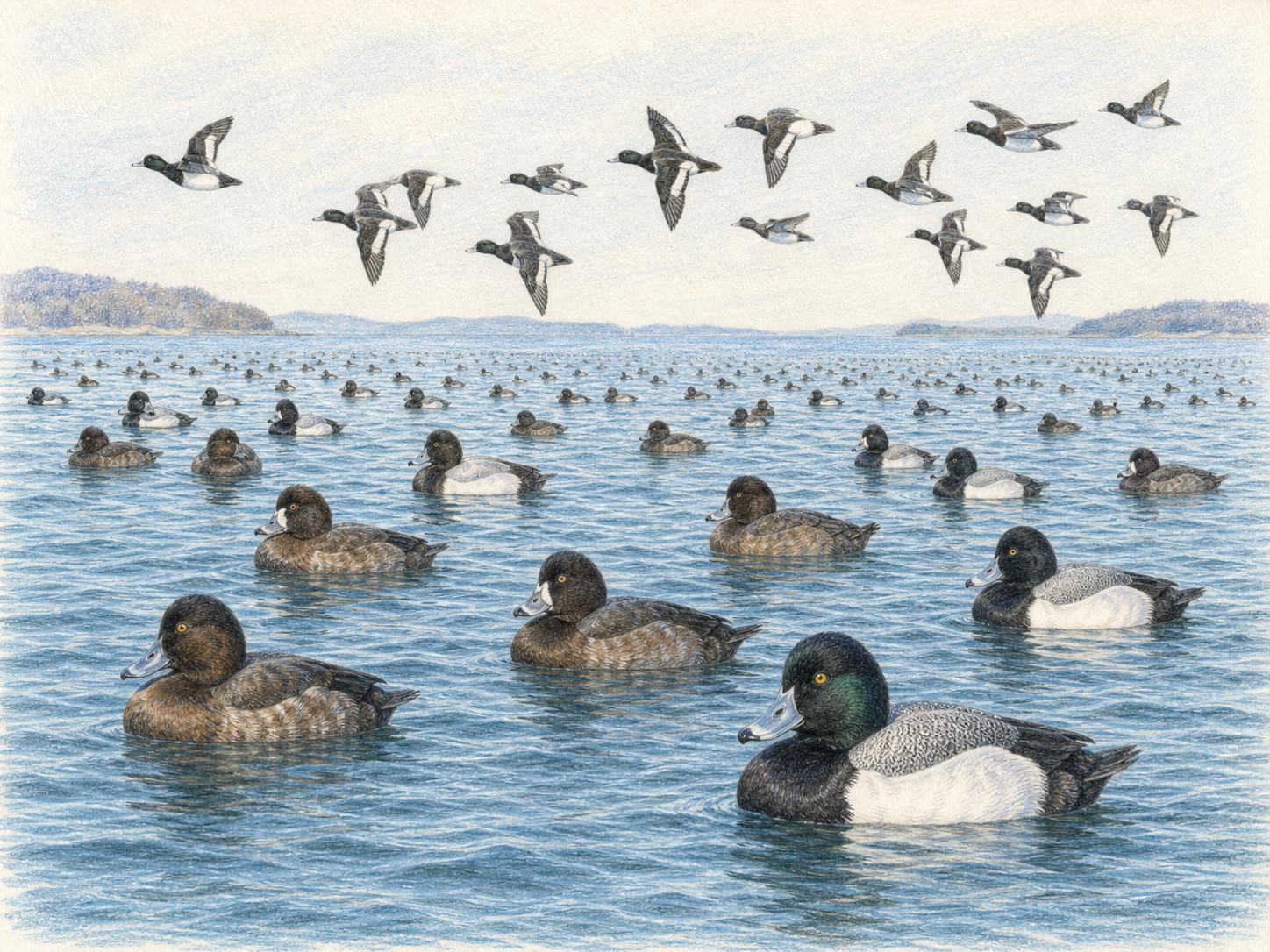 冬の内湾を埋めるスズガモの大群と渡る飛翔群の色鉛筆画