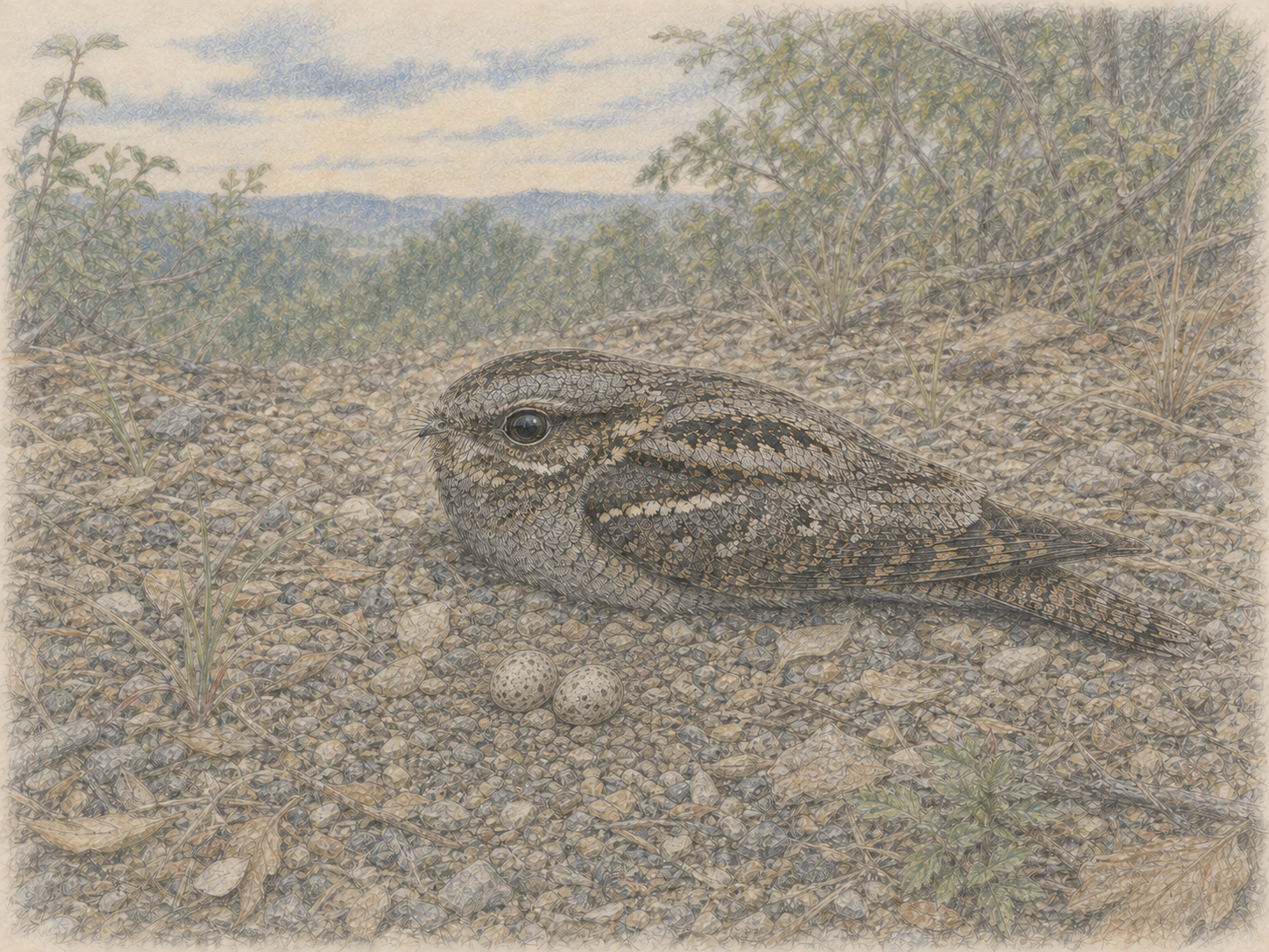 礫の地面に直接産まれたヨタカの卵2個と親鳥の色鉛筆画