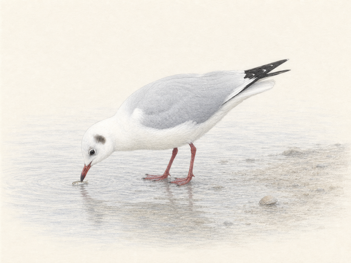 浅瀬で小魚や水生昆虫を探すユリカモメを描いた淡い色鉛筆画