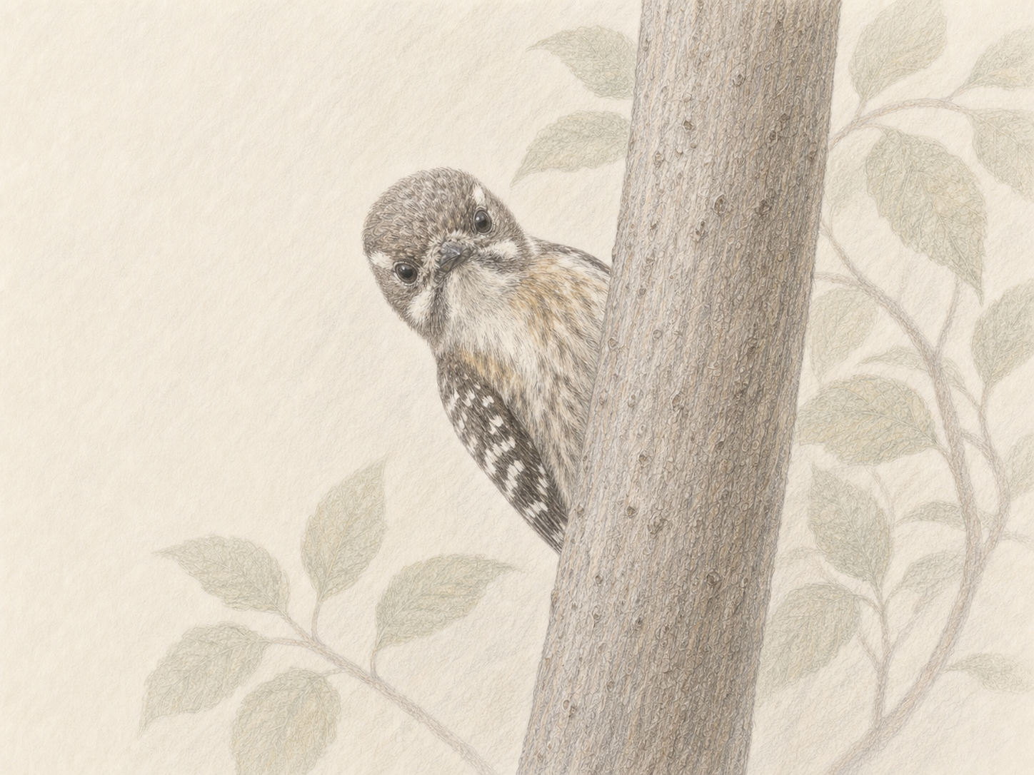 木の幹から顔をのぞかせるコゲラの淡い色鉛筆画