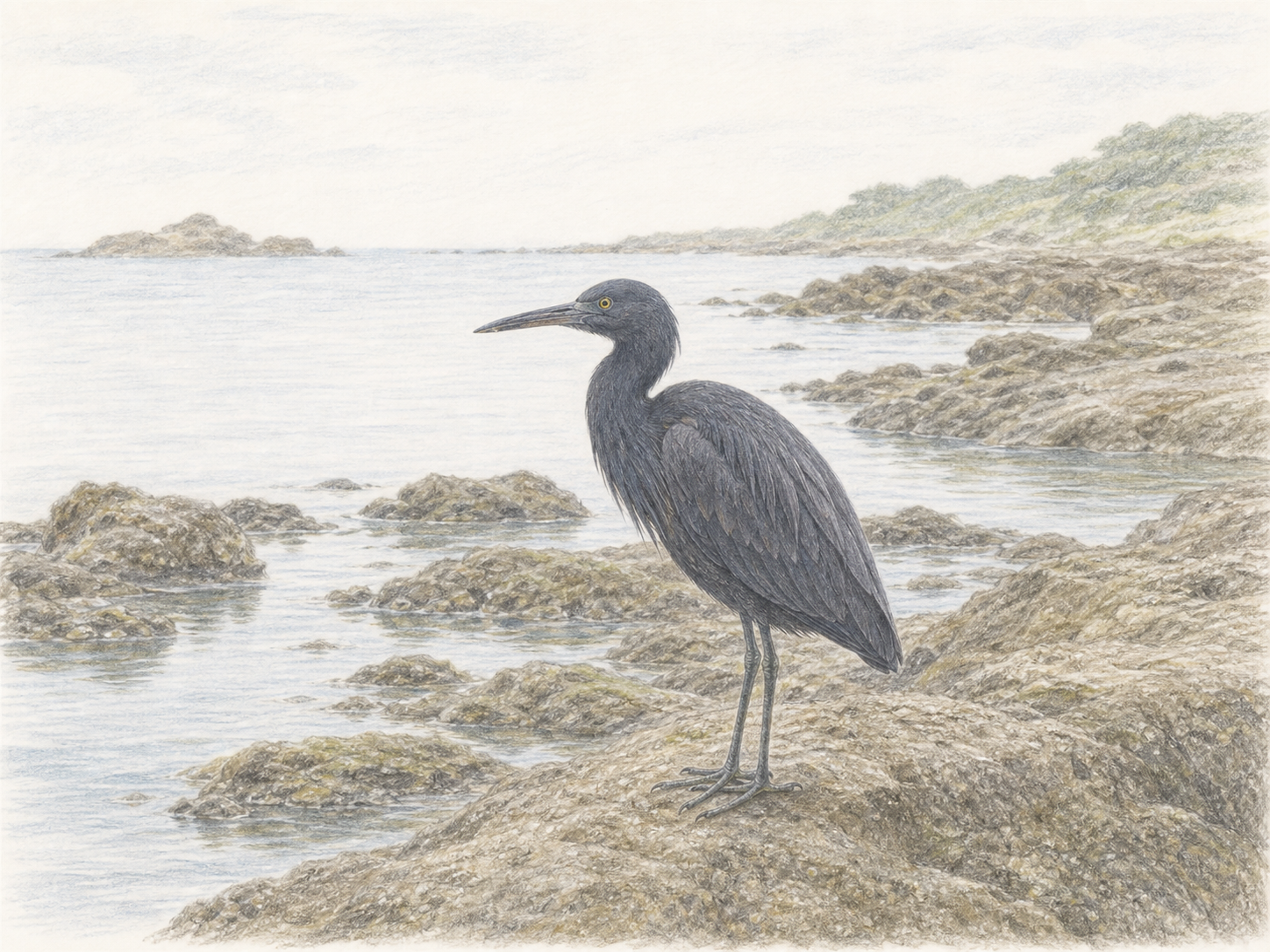 クロサギが局地的に利用する広い岩礁海岸を描いた図鑑風イラスト