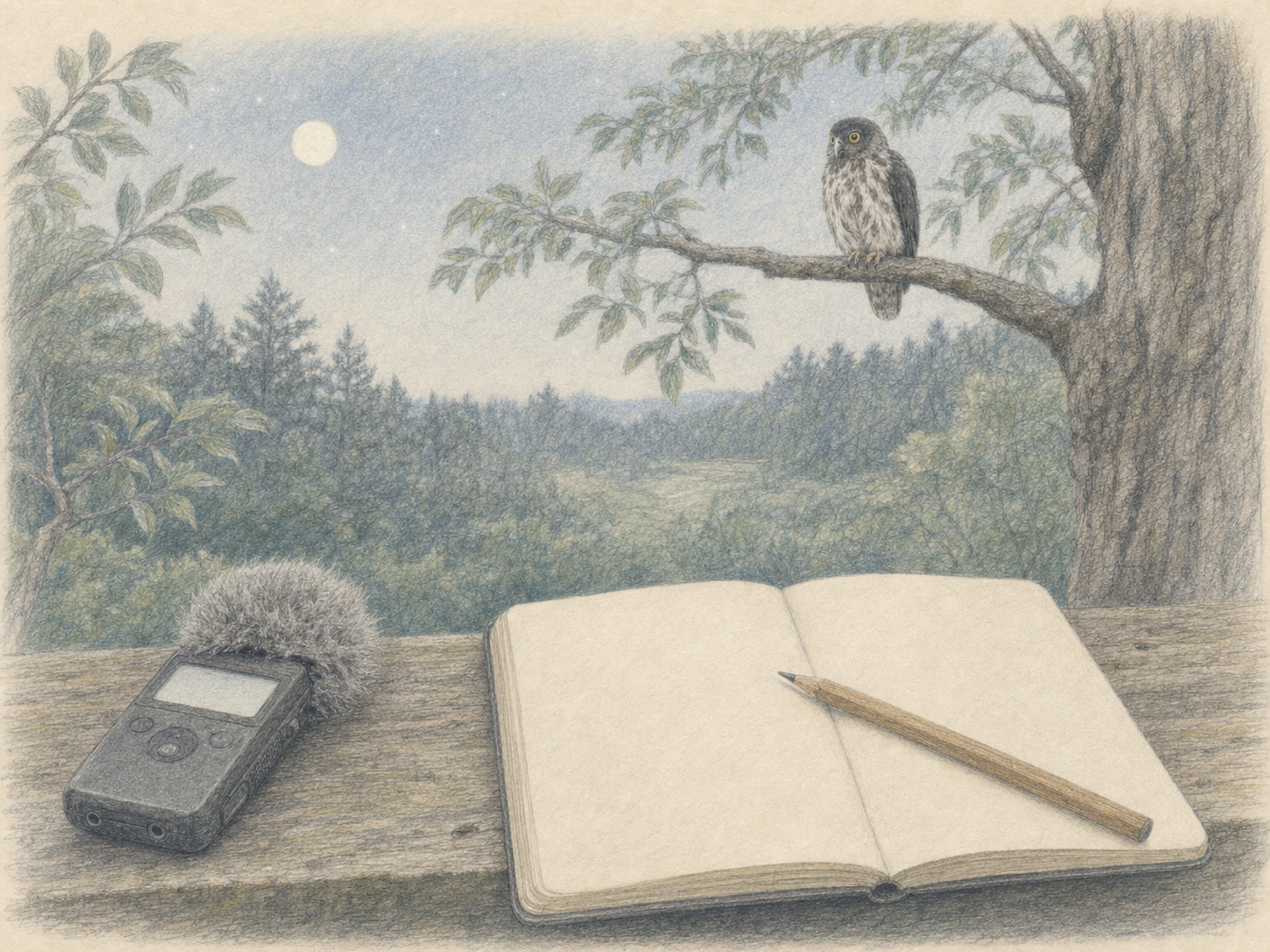月明かりの森で耳を澄ませながら夜の野鳥の声を記録する図鑑風色鉛筆画