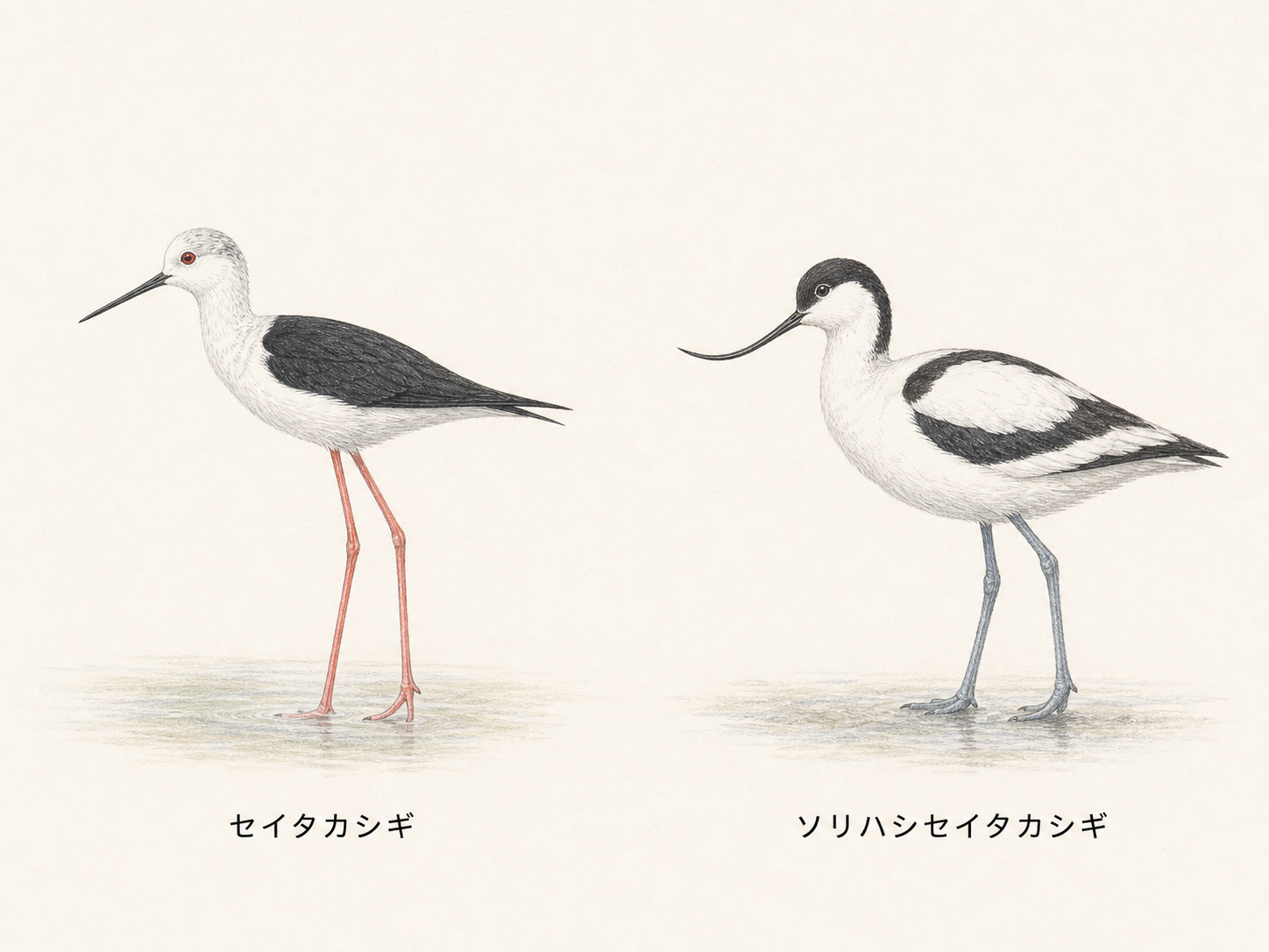 セイタカシギとソリハシセイタカシギのくちばしと脚の違いを比較した図