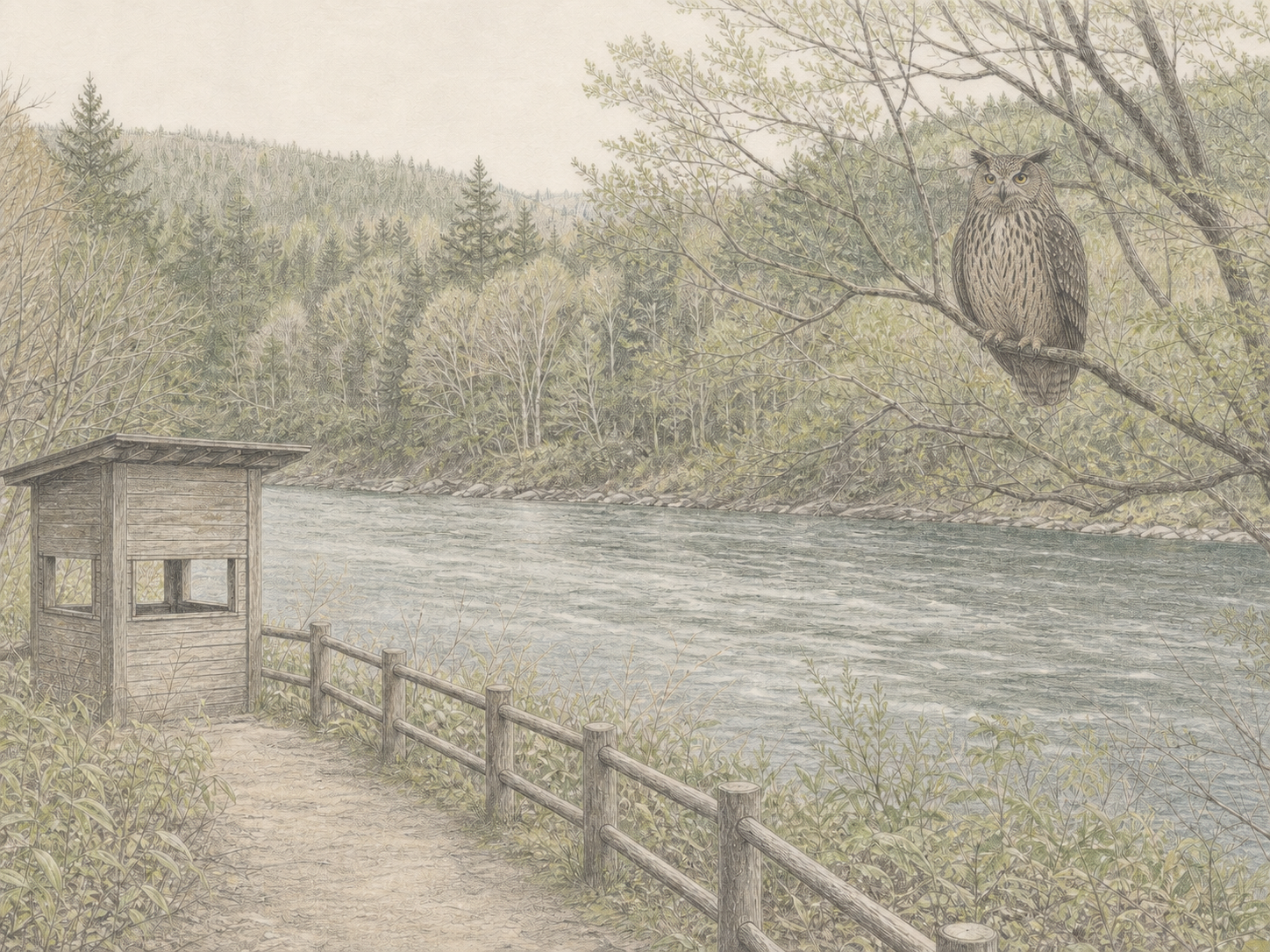 川の対岸に止まるシマフクロウを観察施設から遠く見守る場面の色鉛筆画
