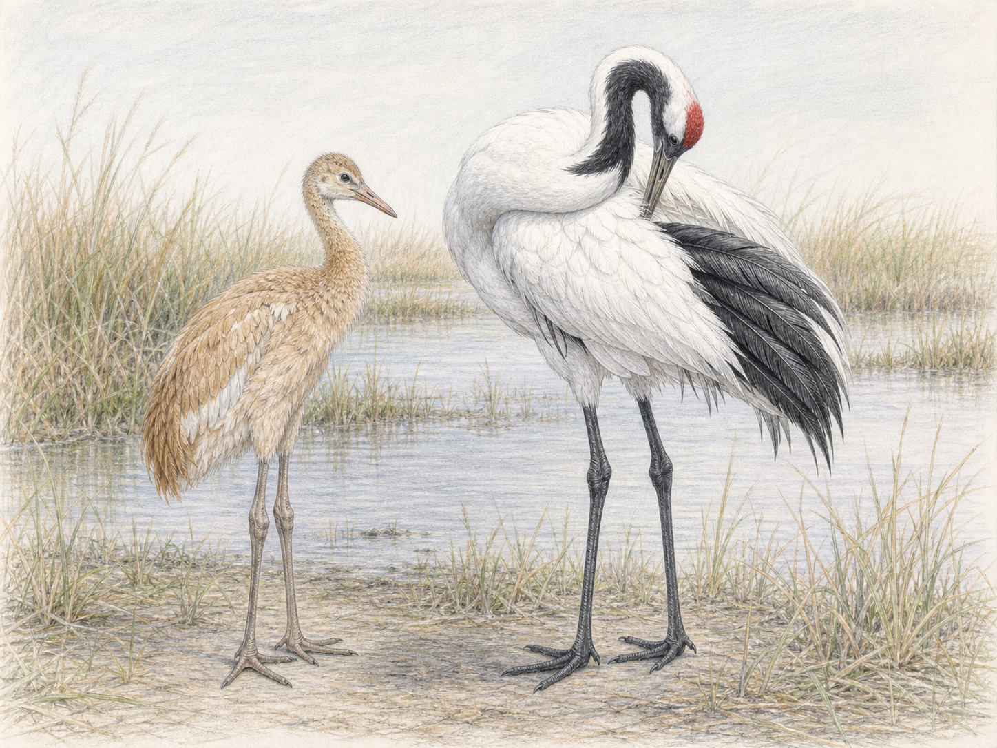 タンチョウの寿命と成長イラスト 成鳥が羽づくろいをし幼鳥がそばに立つタンチョウの成長イラスト