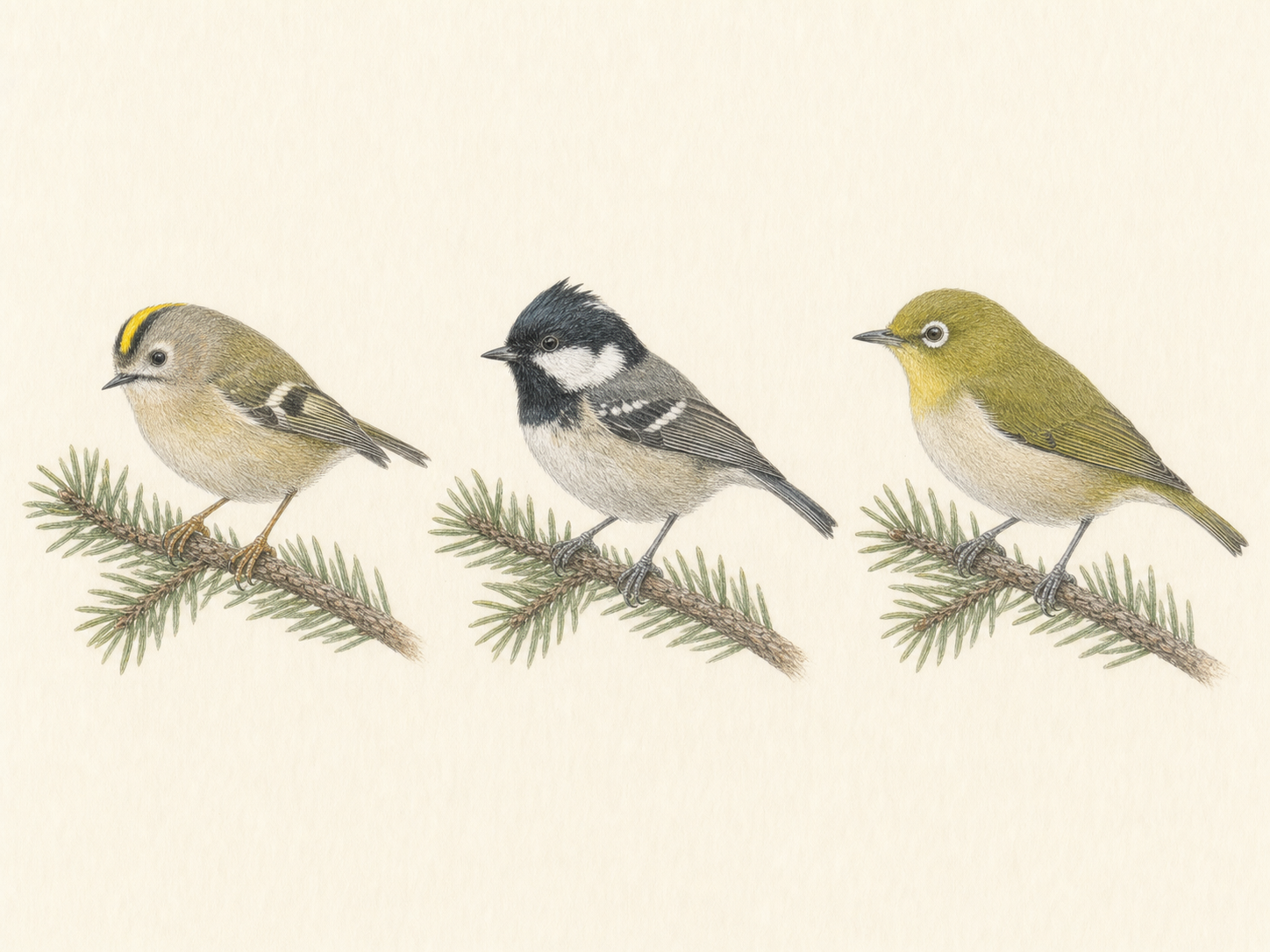 キクイタダキとヒガラとメジロを比較した色鉛筆画