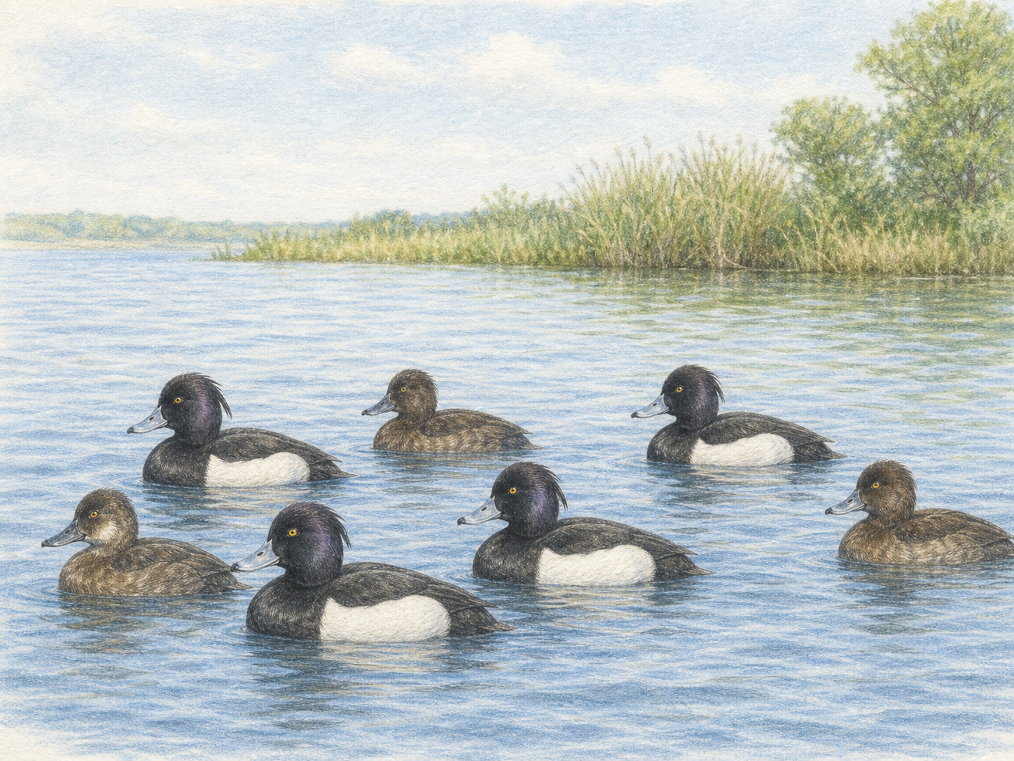 自然な湖で休むキンクロハジロの群れと水辺環境の色鉛筆画