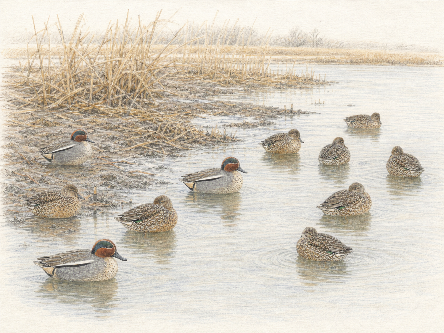 健全な冬の湿地で休むコガモの群れの色鉛筆画