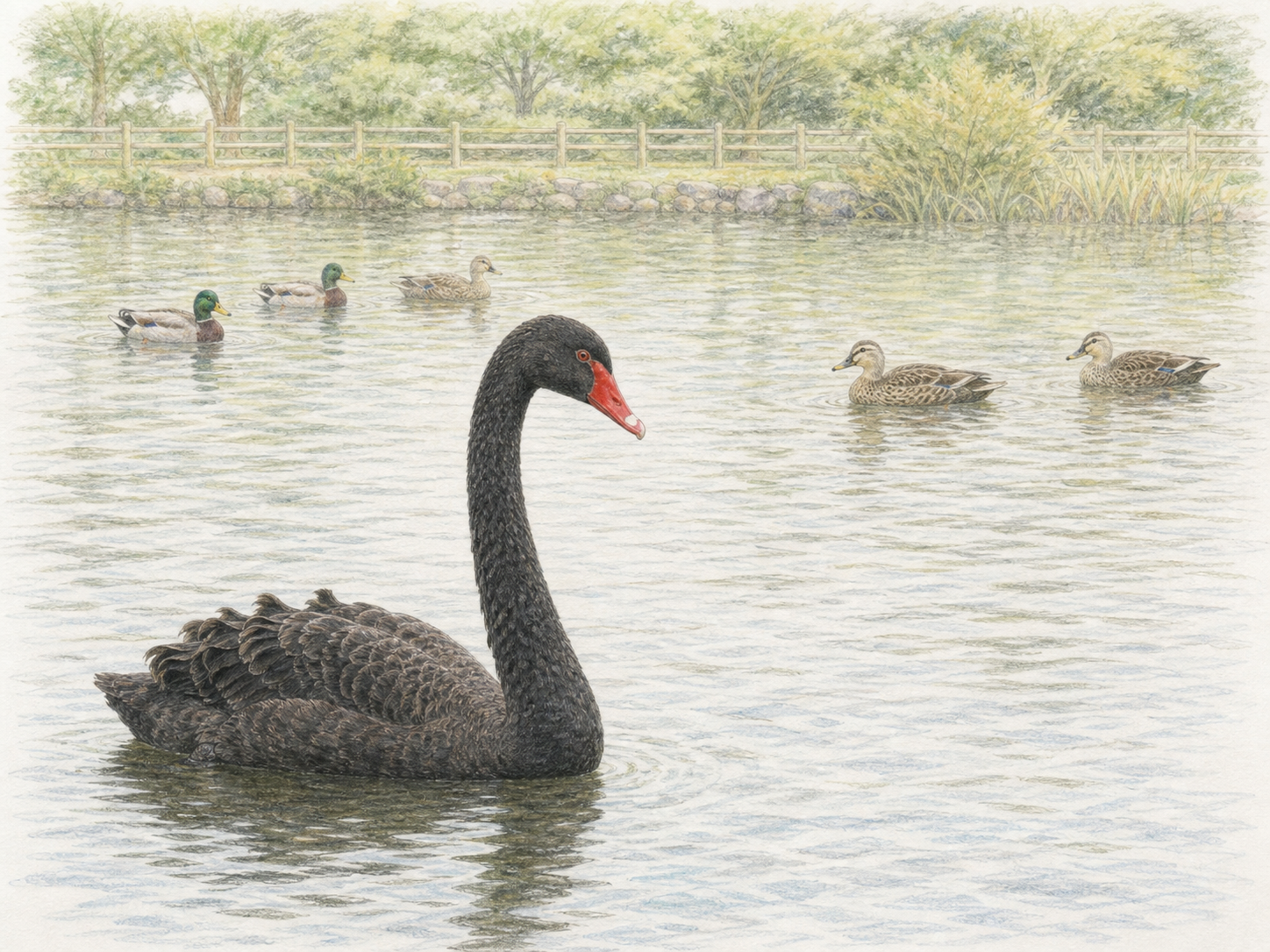 日本の公園の湖でカモ類と離れて泳ぐ外来鳥のコクチョウ