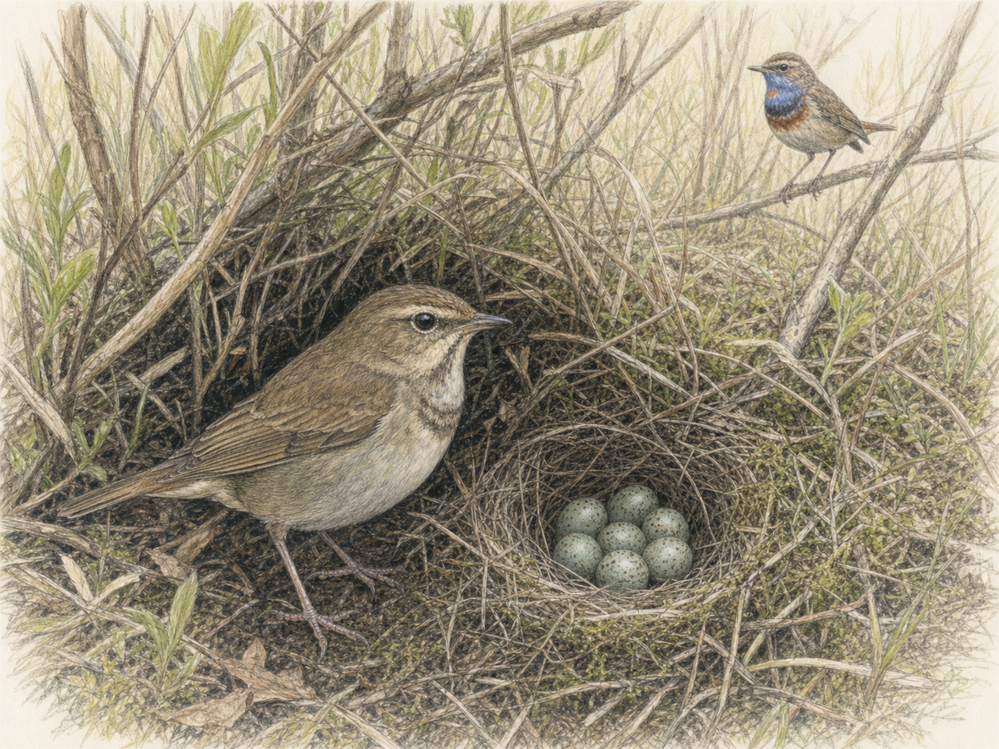 オガワコマドリの繁殖と子育て｜草陰の巣と卵