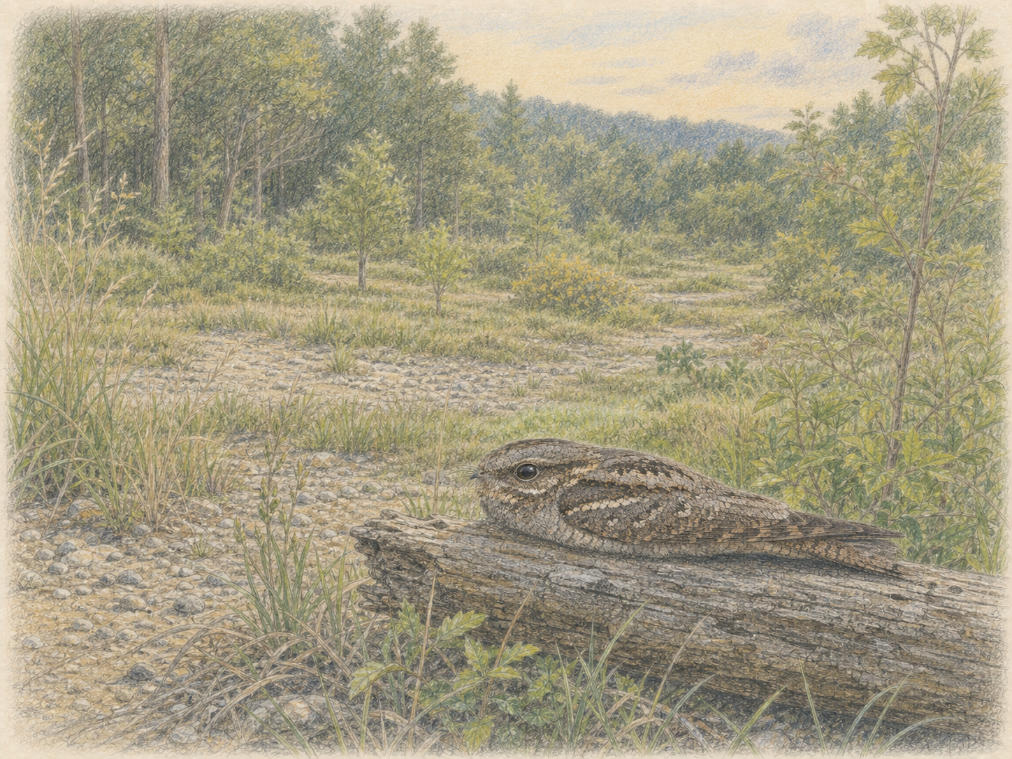 草地と裸地と若い林が連続するヨタカの保全環境の色鉛筆画