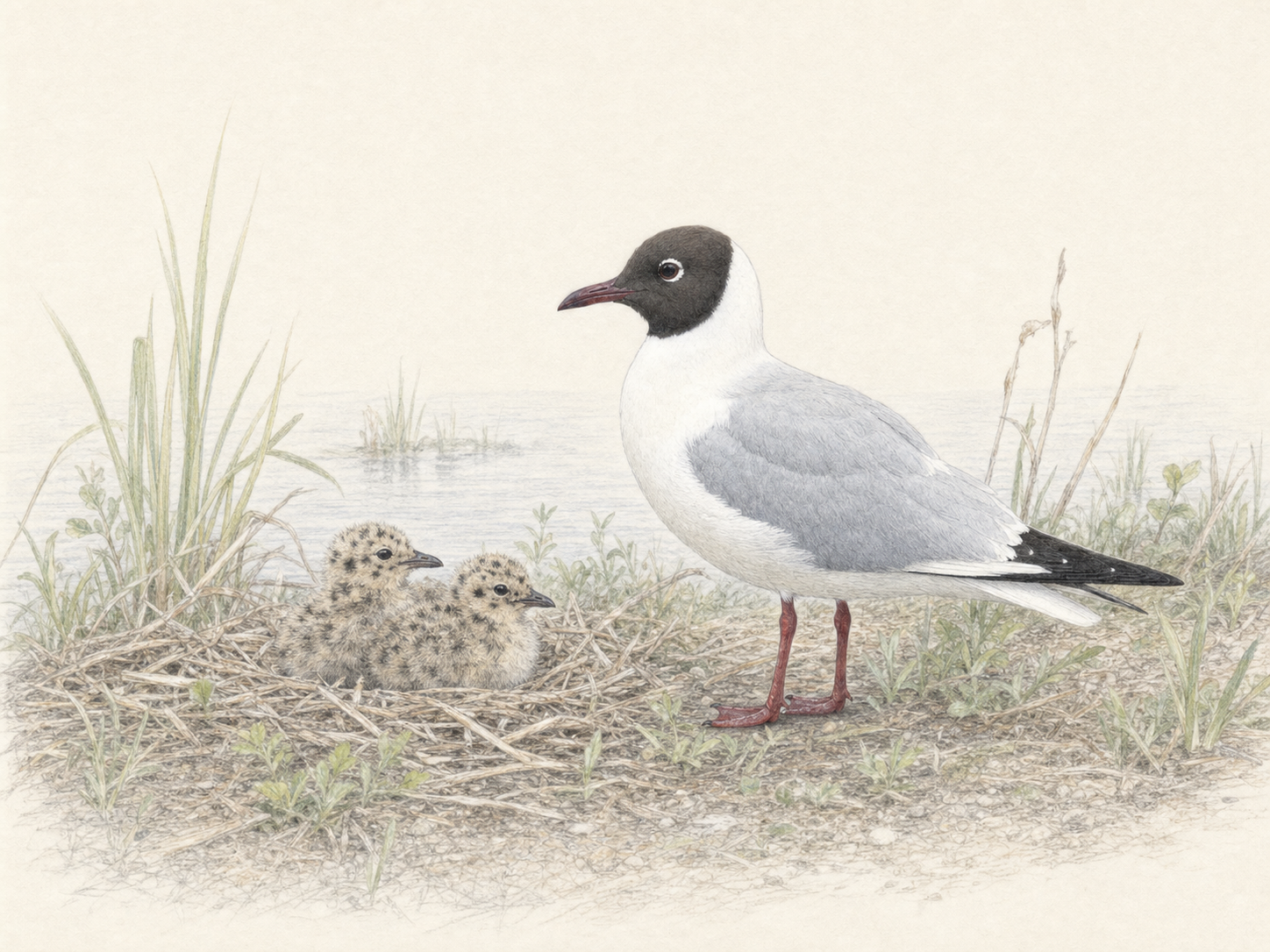 北方の湿地で地上の巣を守る夏羽のユリカモメ親鳥と雛の色鉛筆画