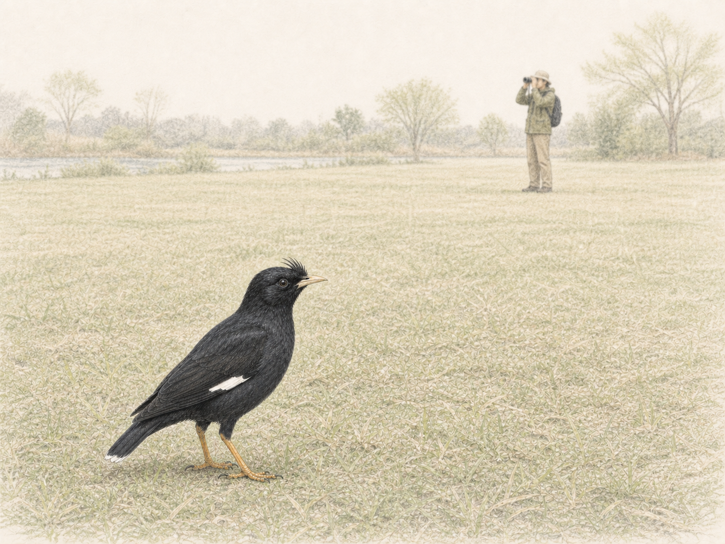 遠くから双眼鏡でハッカチョウを観察する人物の色鉛筆画