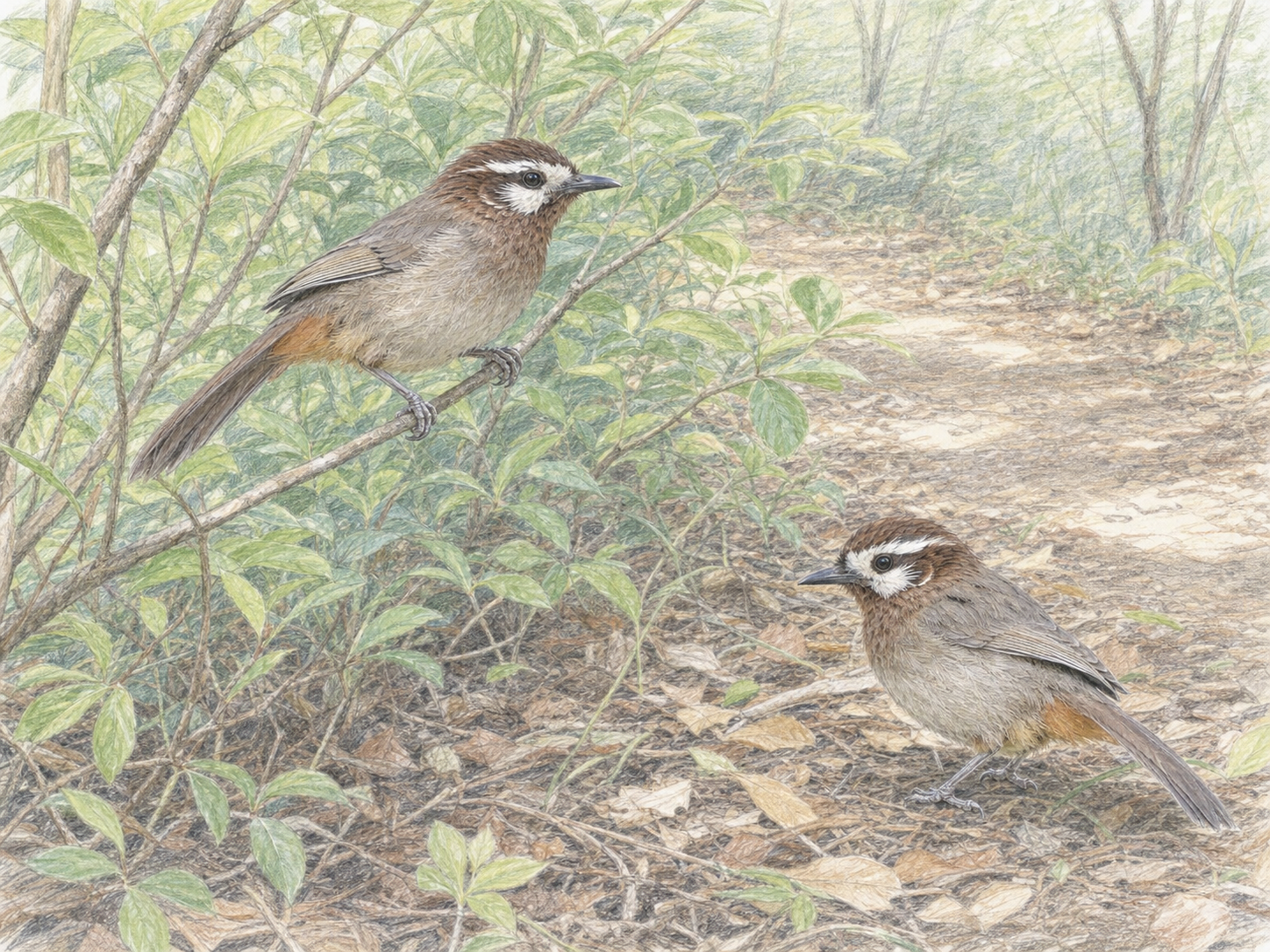 カオジロガビチョウの探し方|低木と落ち葉の多い林縁