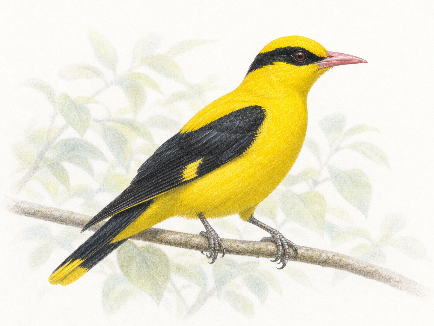 コウライウグイス成鳥オスの黄色い体と黒い過眼線を示したイラスト