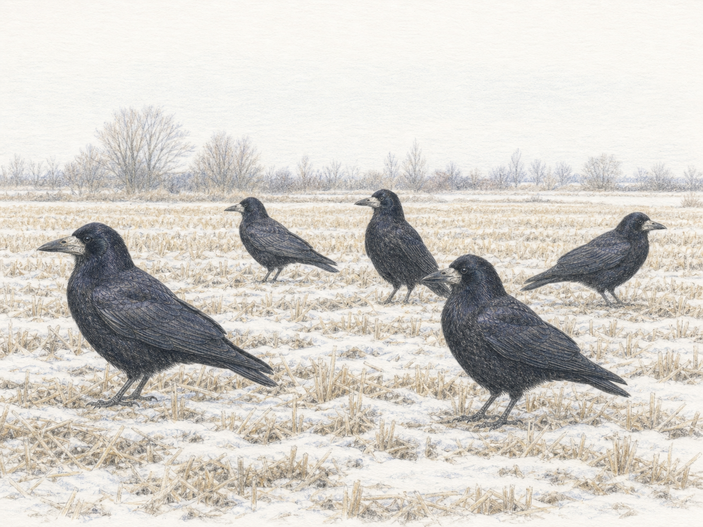 雪が残る北日本の農耕地で過ごすミヤマガラスの群れの色鉛筆画
