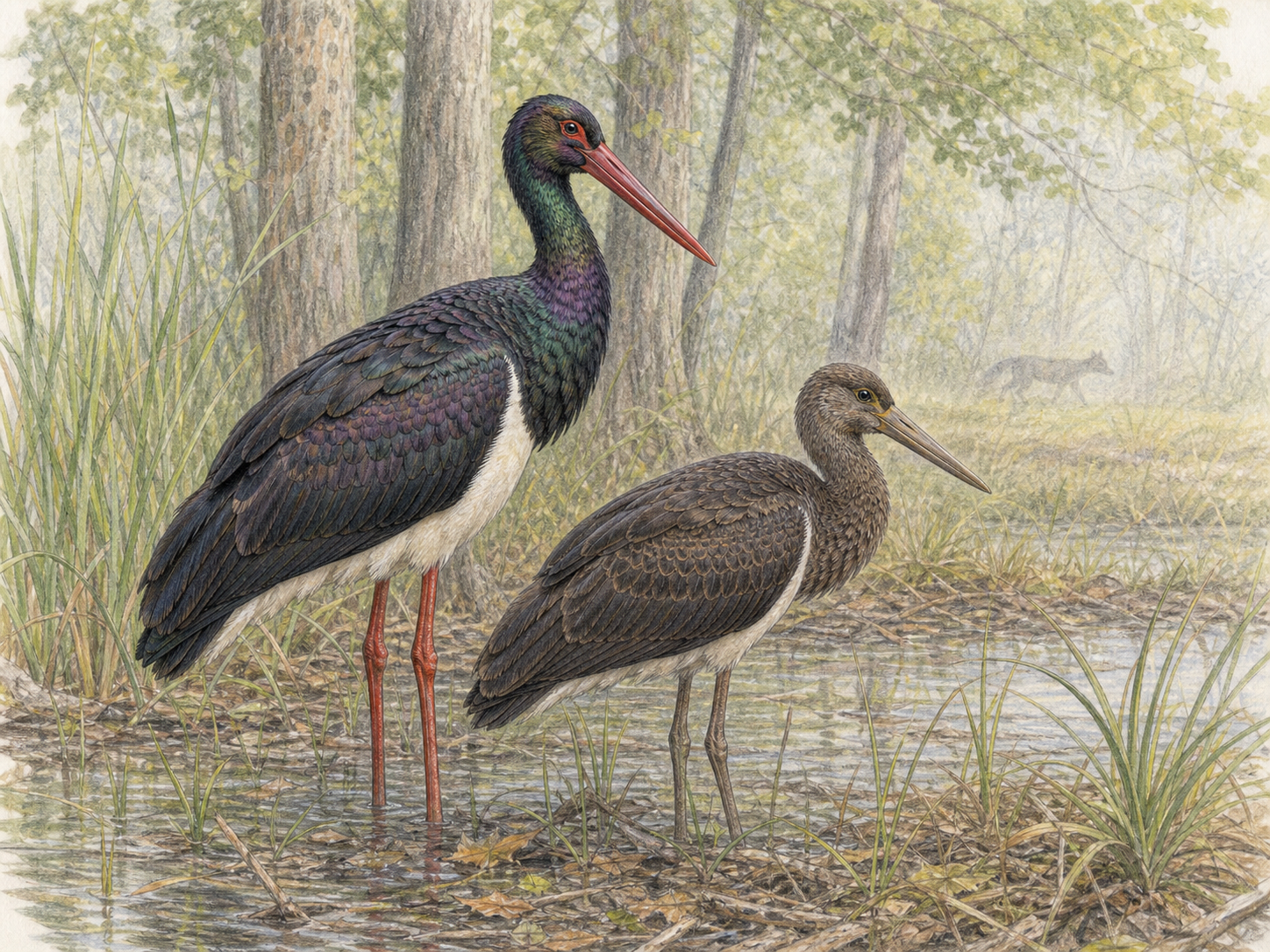 ナベコウの成鳥と幼鳥が湿った林縁で警戒するイラスト