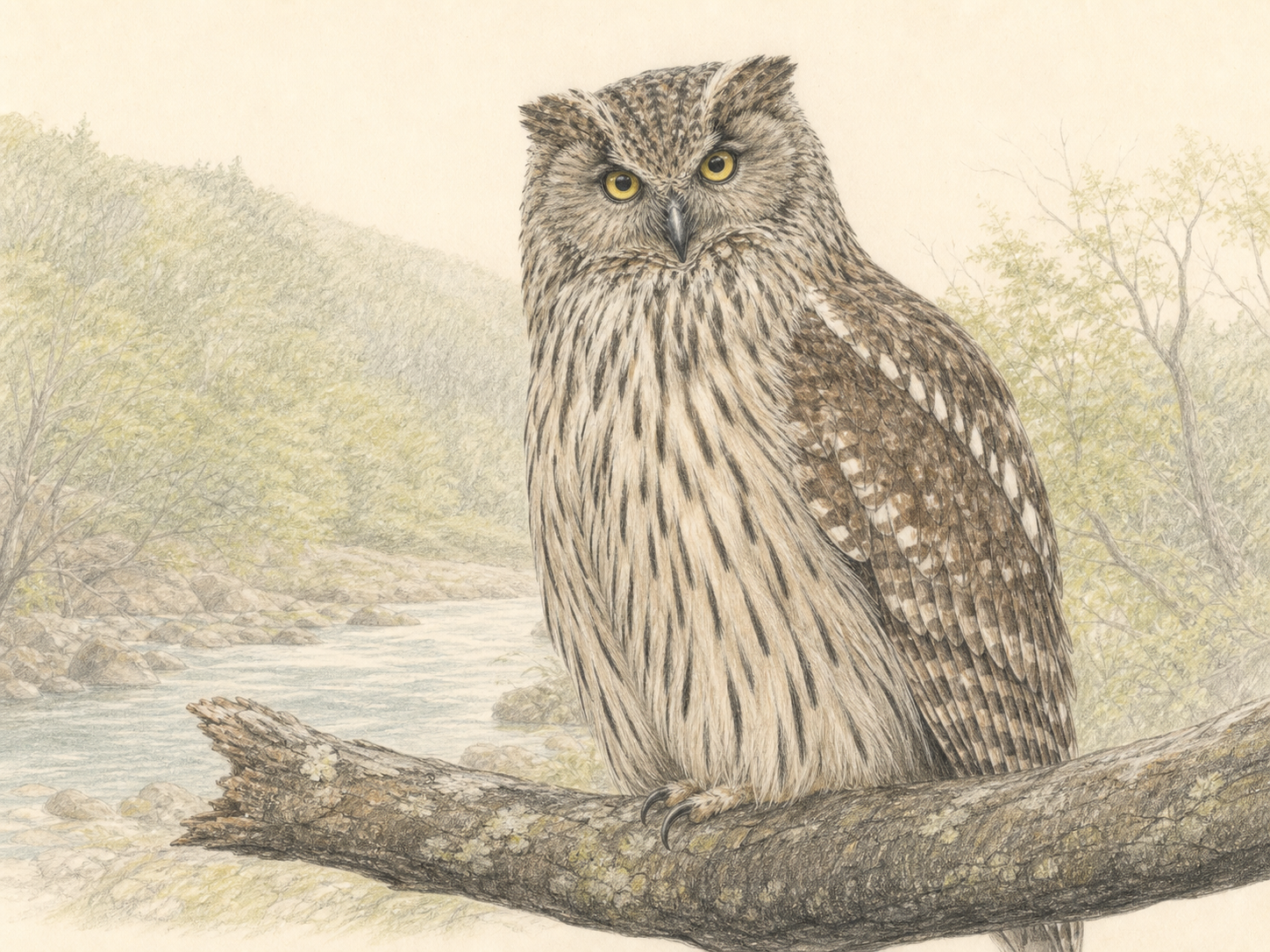 川辺の枝で首を傾けるシマフクロウの図鑑風イラスト