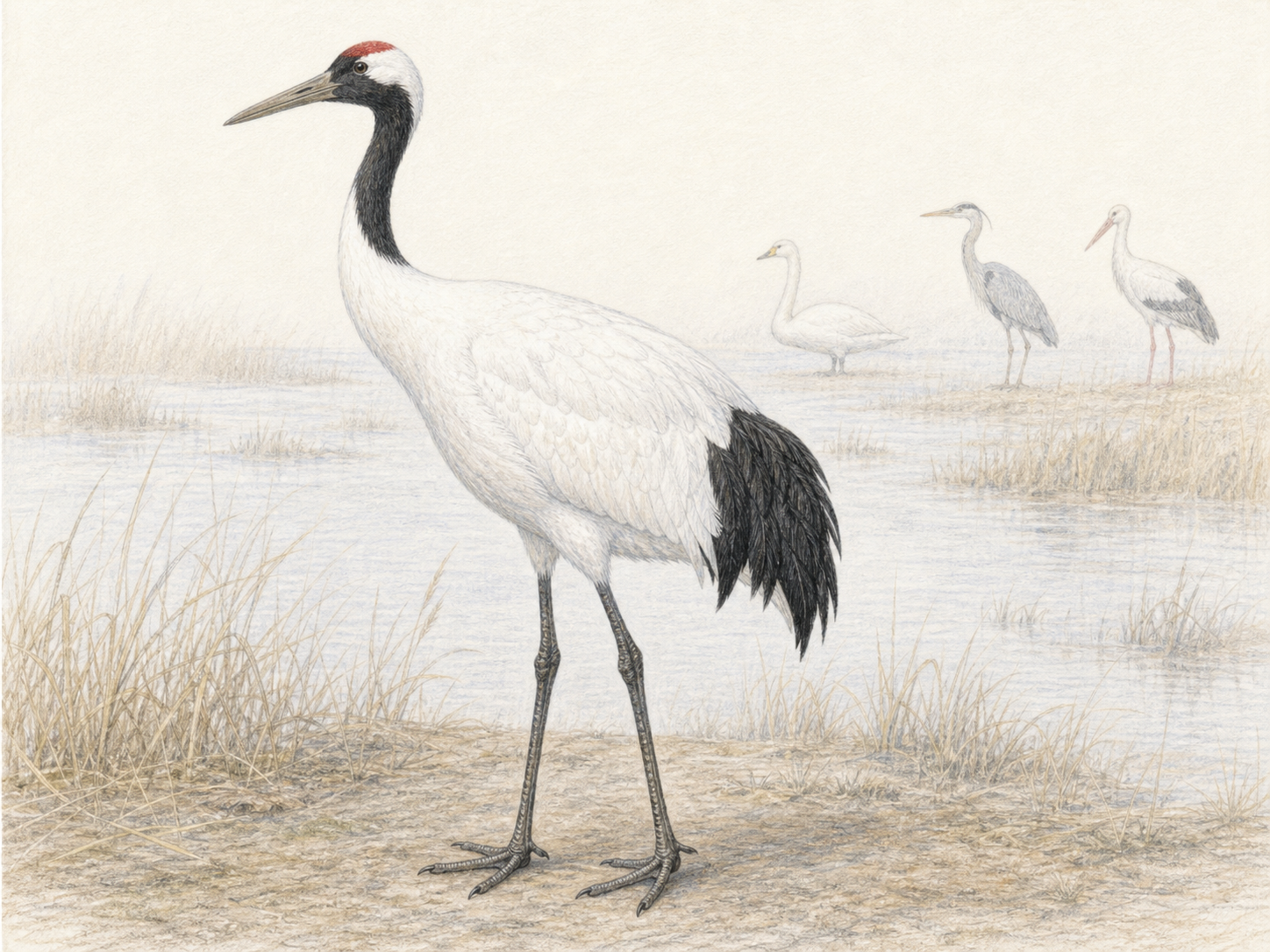 タンチョウと似た鳥の見分け方イラスト タンチョウと遠景の白鳥やサギ類を比較できる見分け方イラスト