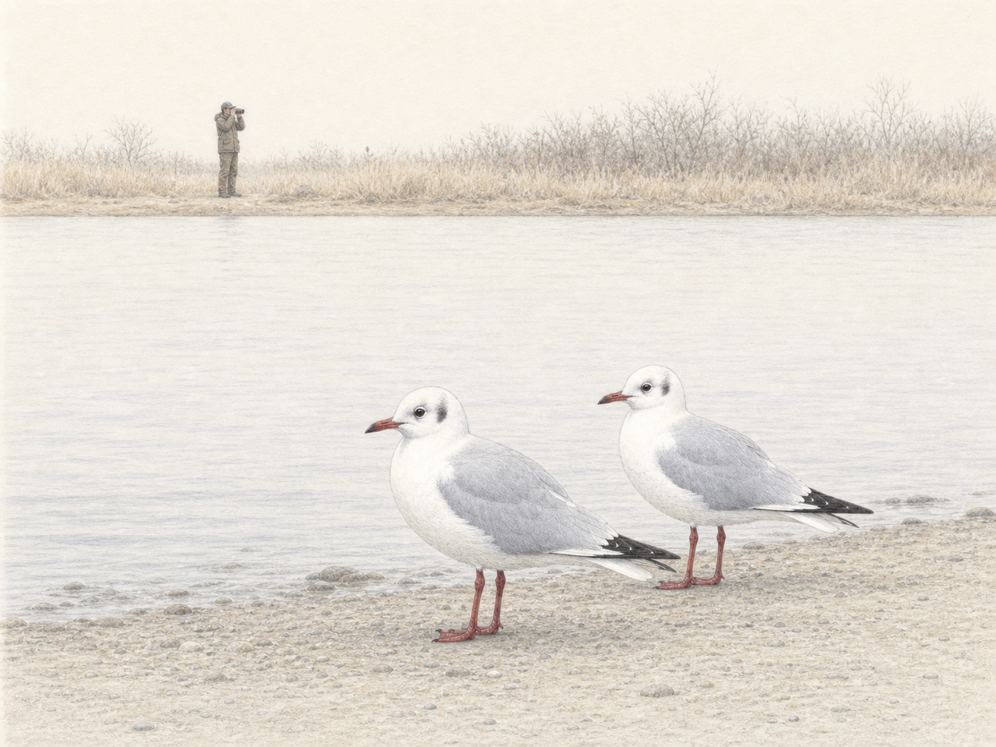 離れた岸から双眼鏡で水辺のユリカモメを観察する人を小さく描いた色鉛筆画