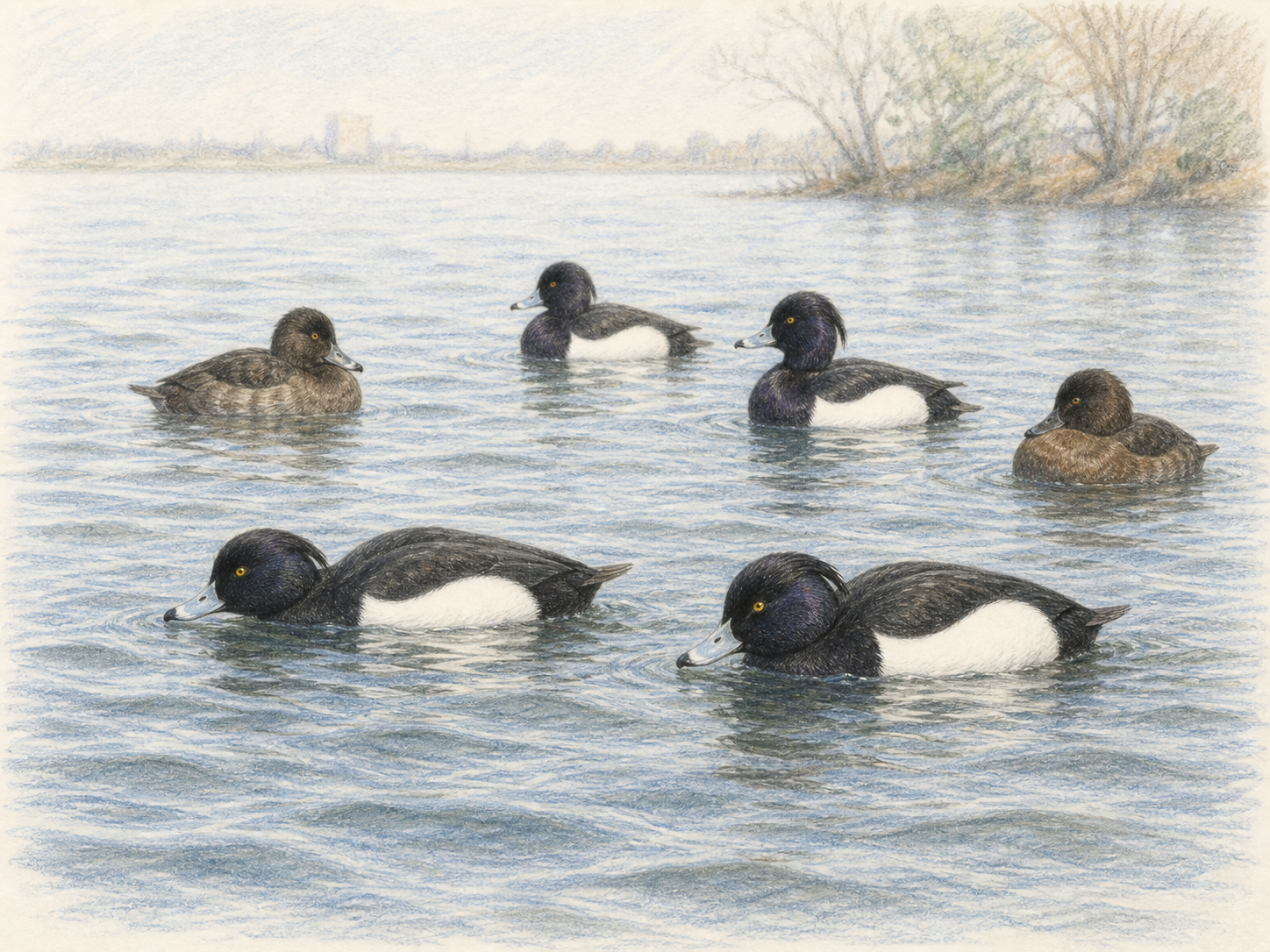 冬の公園の池で潜水直前のキンクロハジロを探す図鑑風イラスト