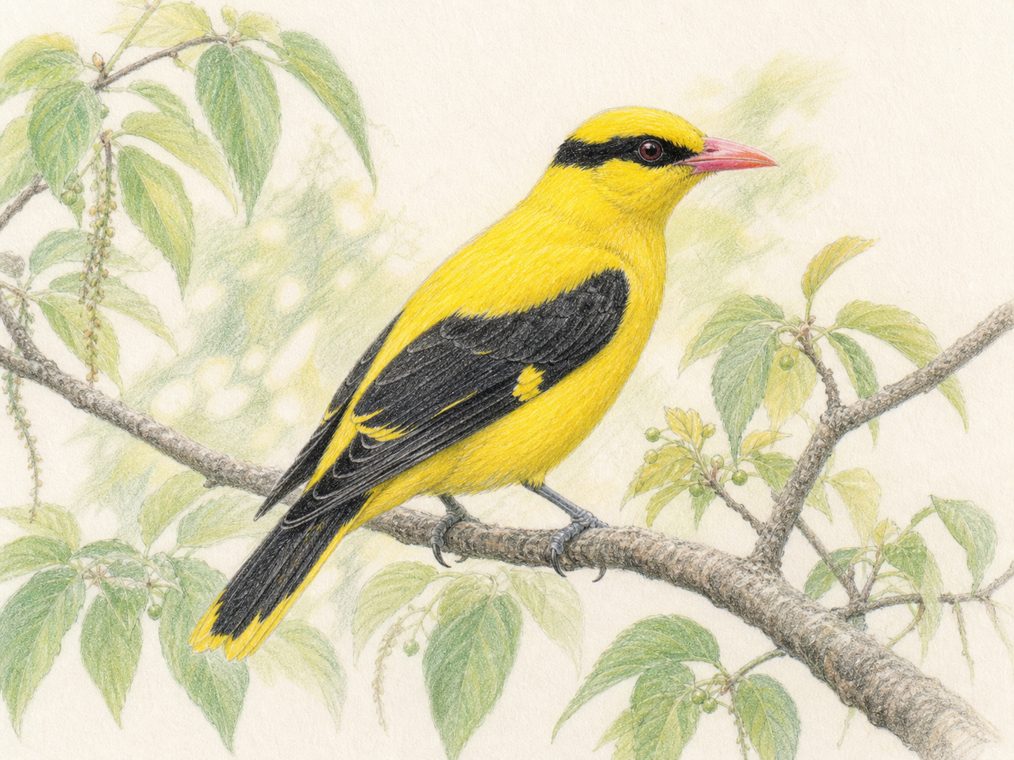 初夏の枝にとまる黄色と黒のコウライウグイス成鳥オスのイラスト