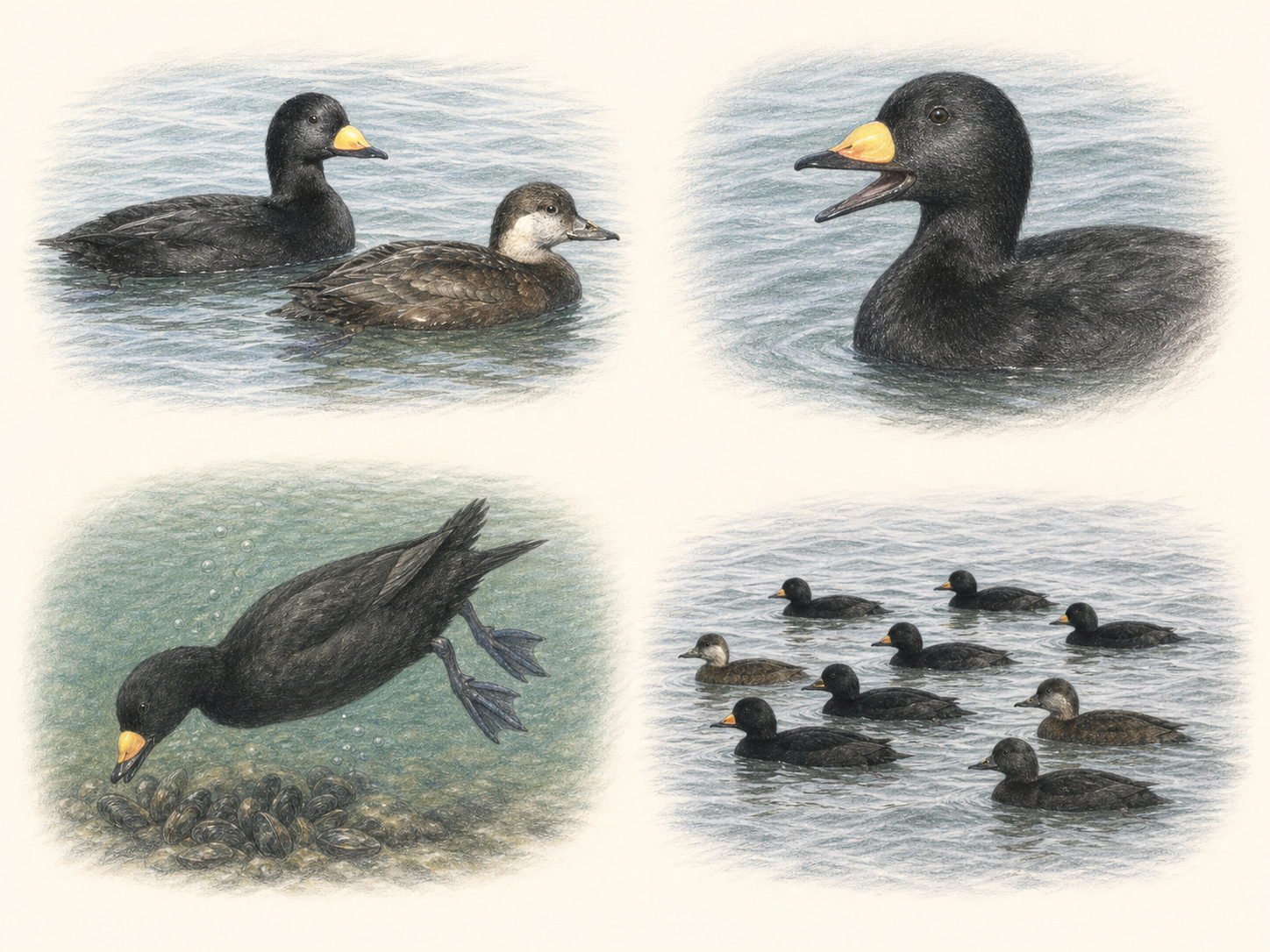 クロガモの雌雄と鳴き声と潜水と群れをまとめた図鑑風イラスト