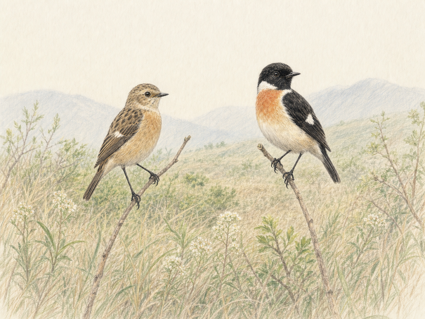 淡い高原の草花の中で枝にとまるノビタキのつがいの色鉛筆画