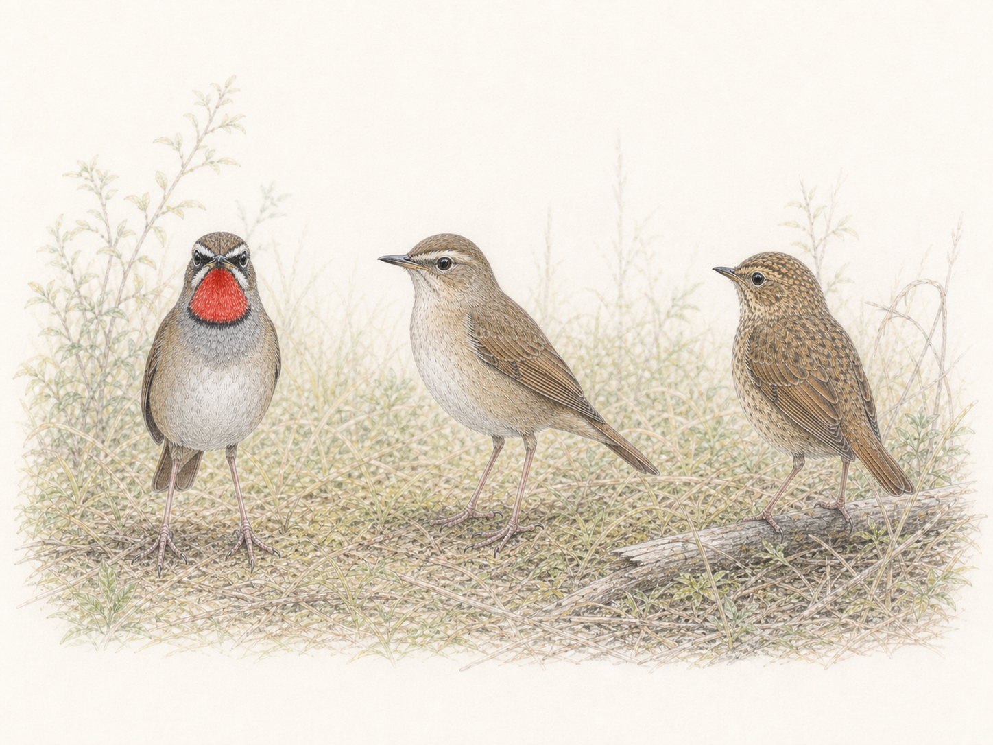 ノゴマの成鳥オス・成鳥メス・幼鳥を別角度で比較するFAQ用イラスト