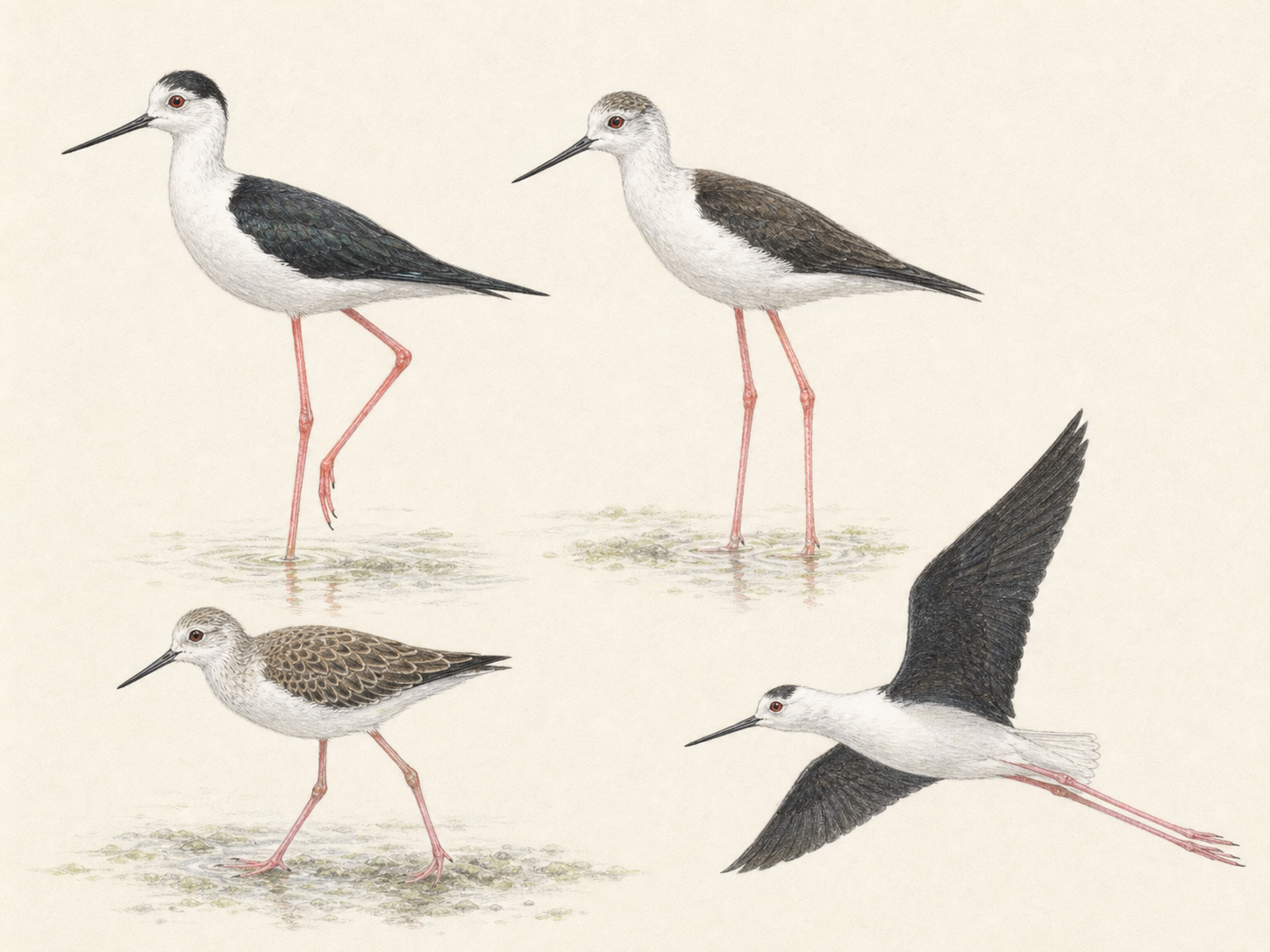 セイタカシギのオス、メス、幼鳥、飛翔姿を比較した図鑑風イラスト