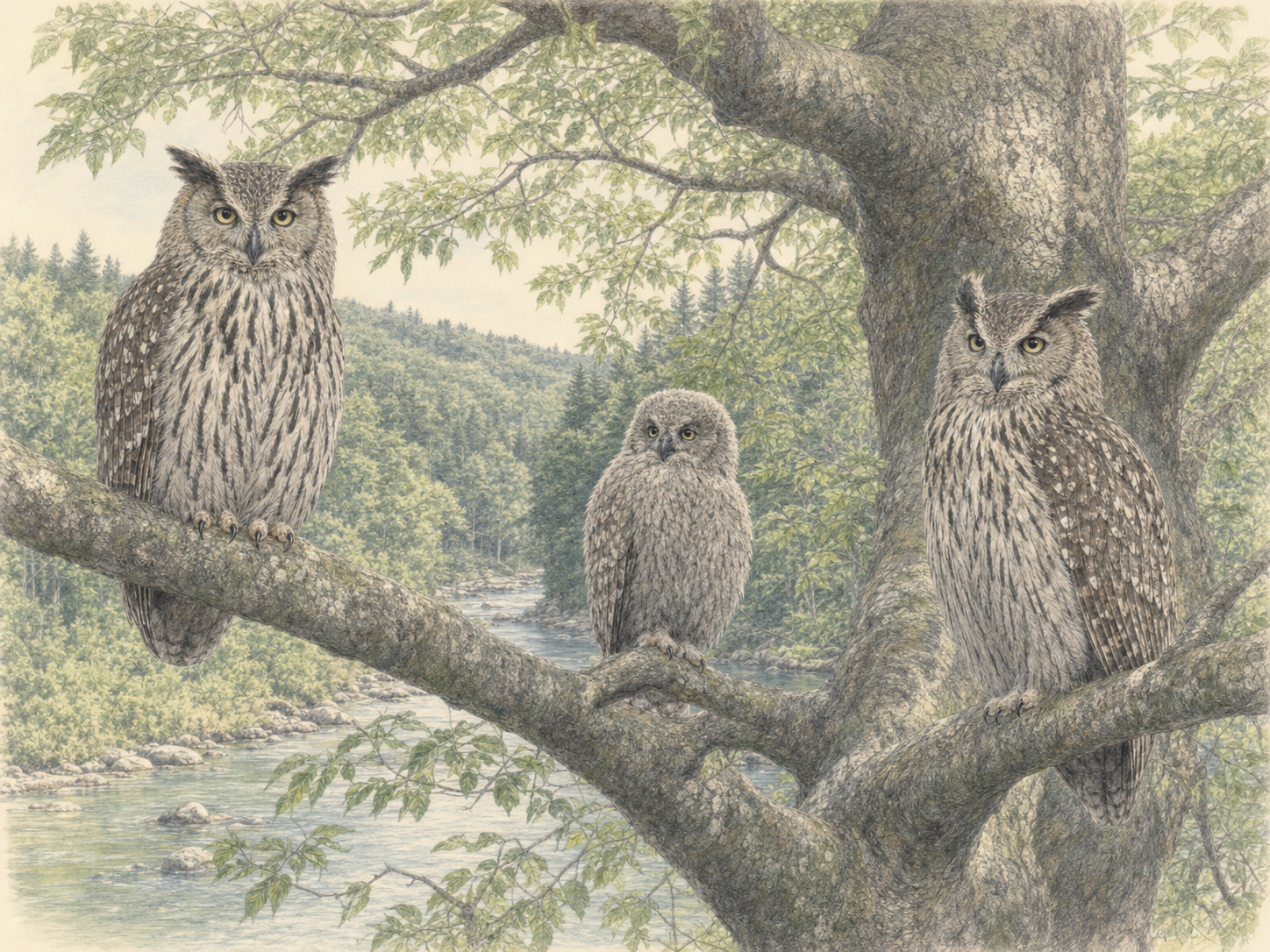 北海道の川沿いの大木に止まるシマフクロウの親子を描いた淡い色鉛筆画
