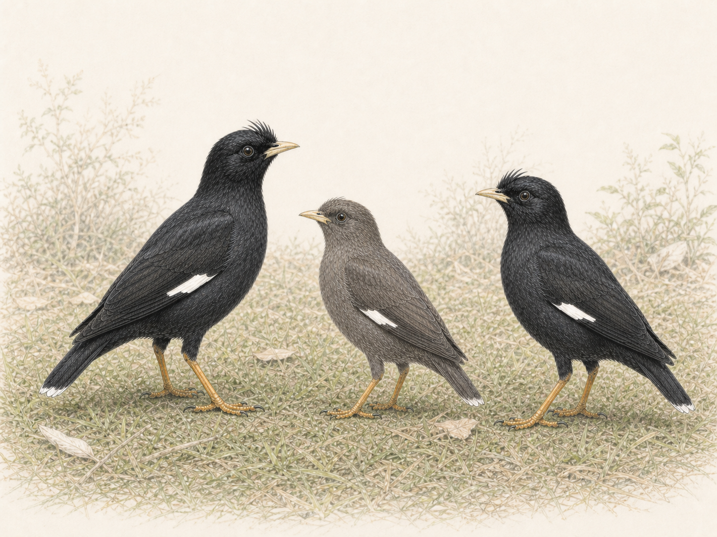 ハッカチョウの成鳥2羽と幼鳥を描いた淡い色鉛筆画