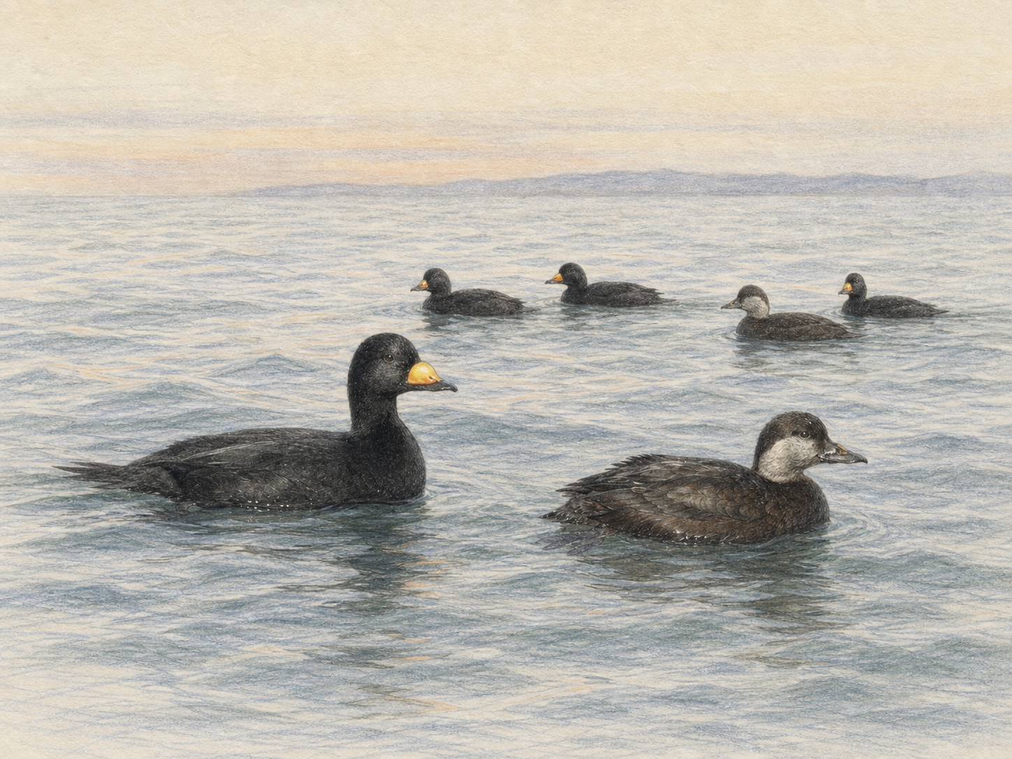 冬の海を群れで泳ぐクロガモのオスとメスのイラスト