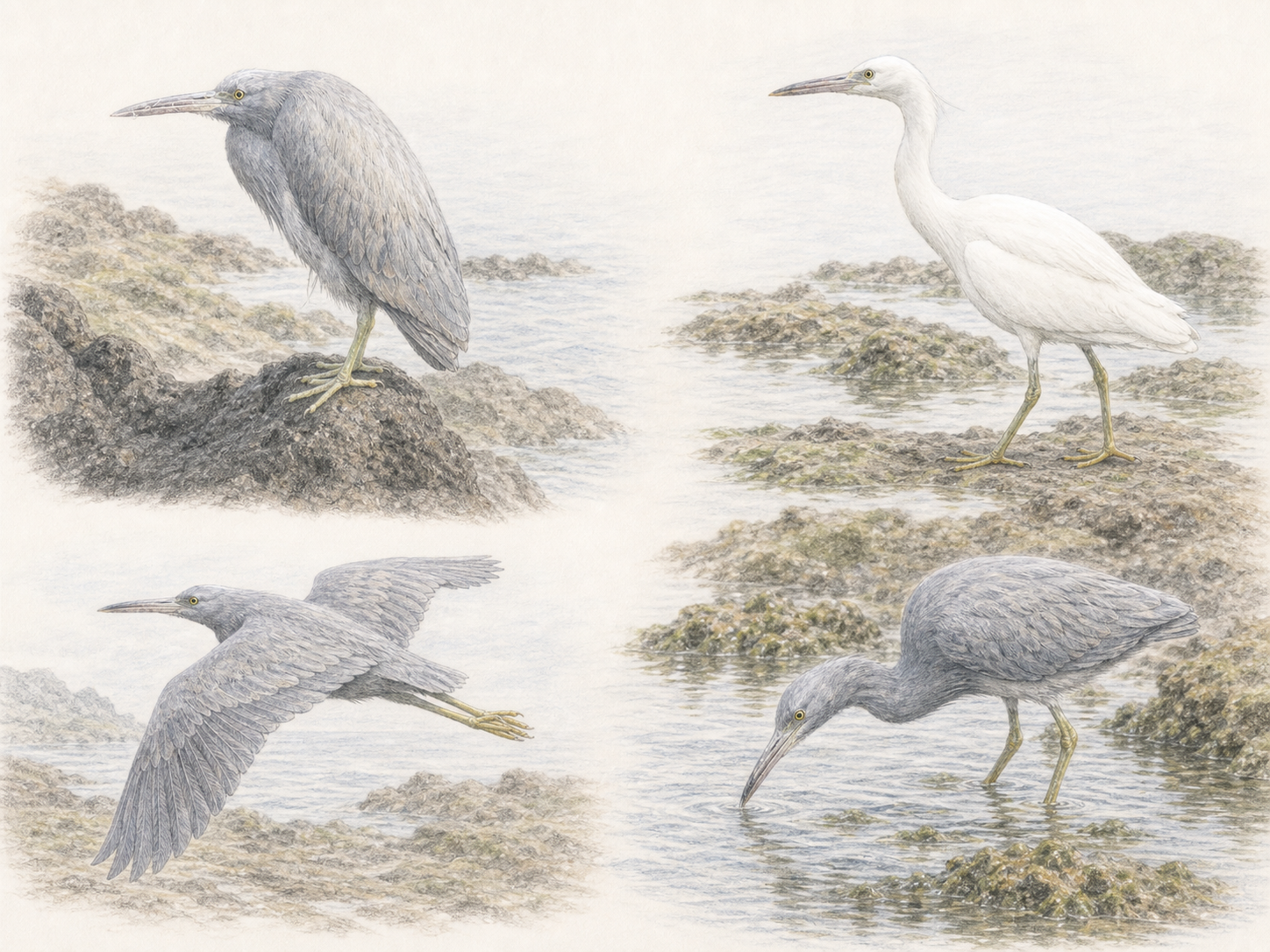 クロサギの白色型 生息地 鳴き声 食べ物に関するFAQの図鑑風イラスト