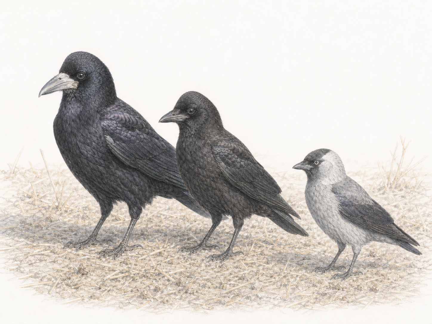 張り出した額のミヤマガラス成鳥と幼鳥をコクマルガラスと比較した色鉛筆画