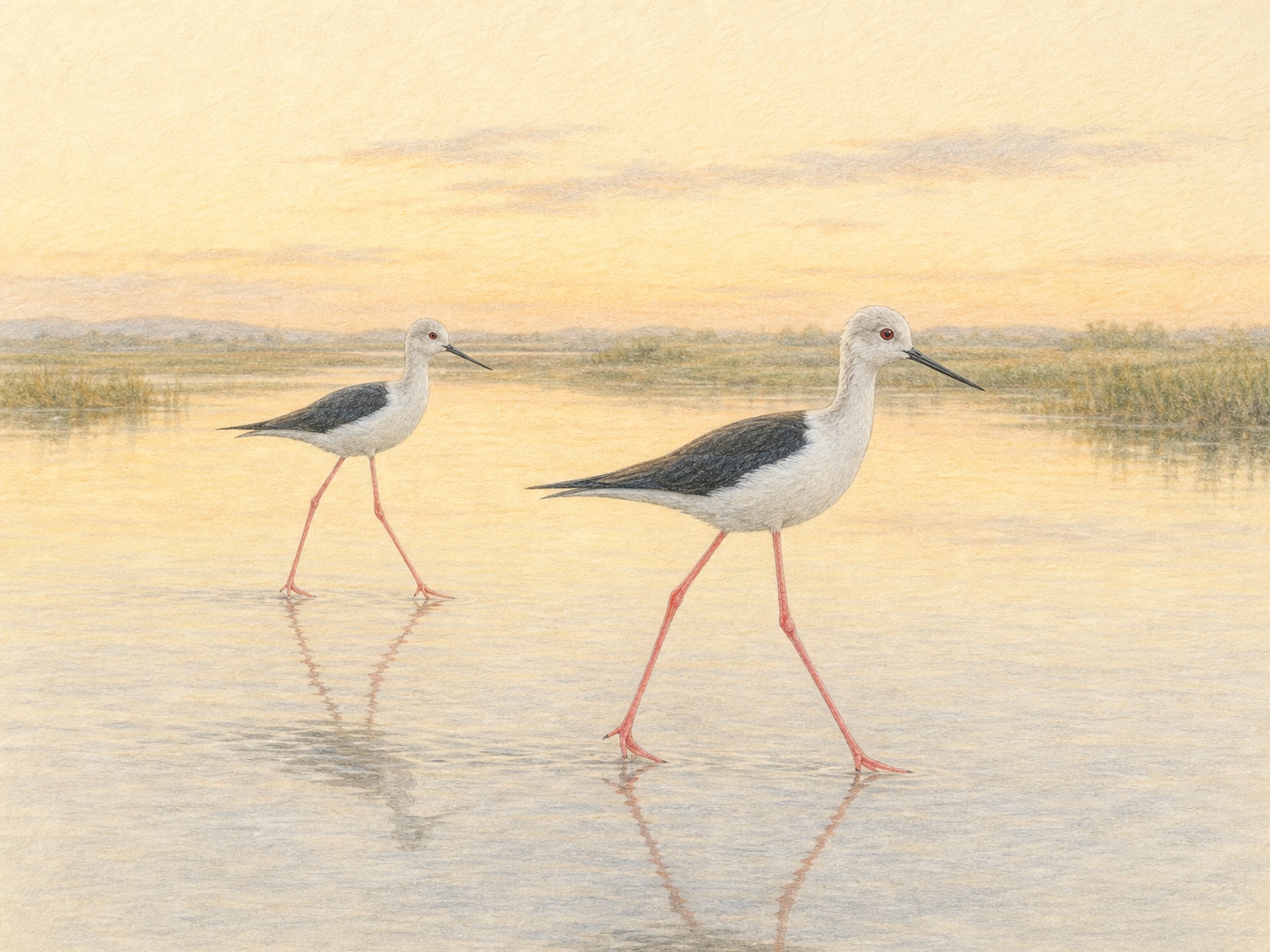 朝焼けの浅い湿地を歩くセイタカシギ2羽の淡い色鉛筆画