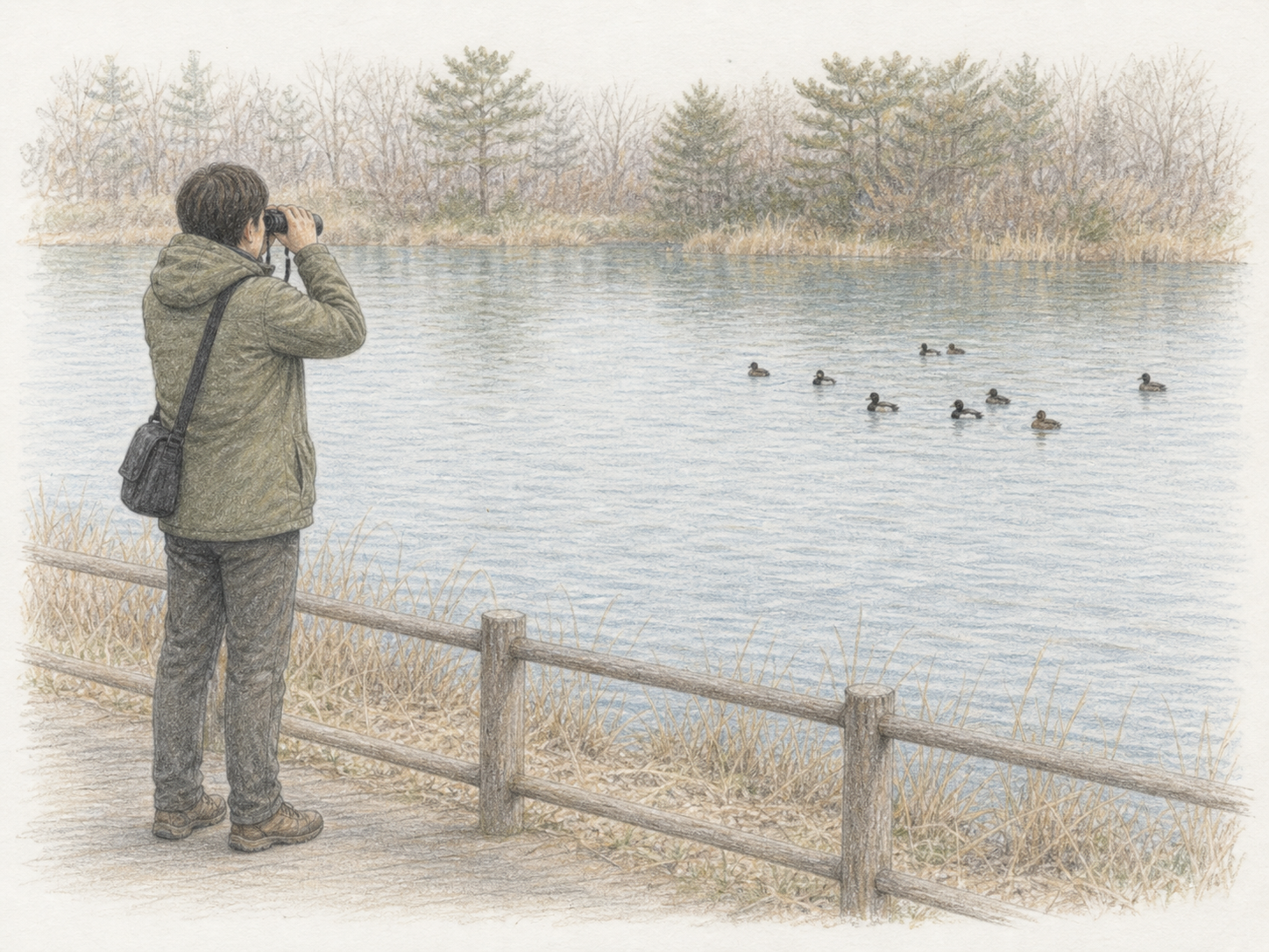 冬の池で遠くのキンクロハジロを双眼鏡で静かに観察する人物のイラスト