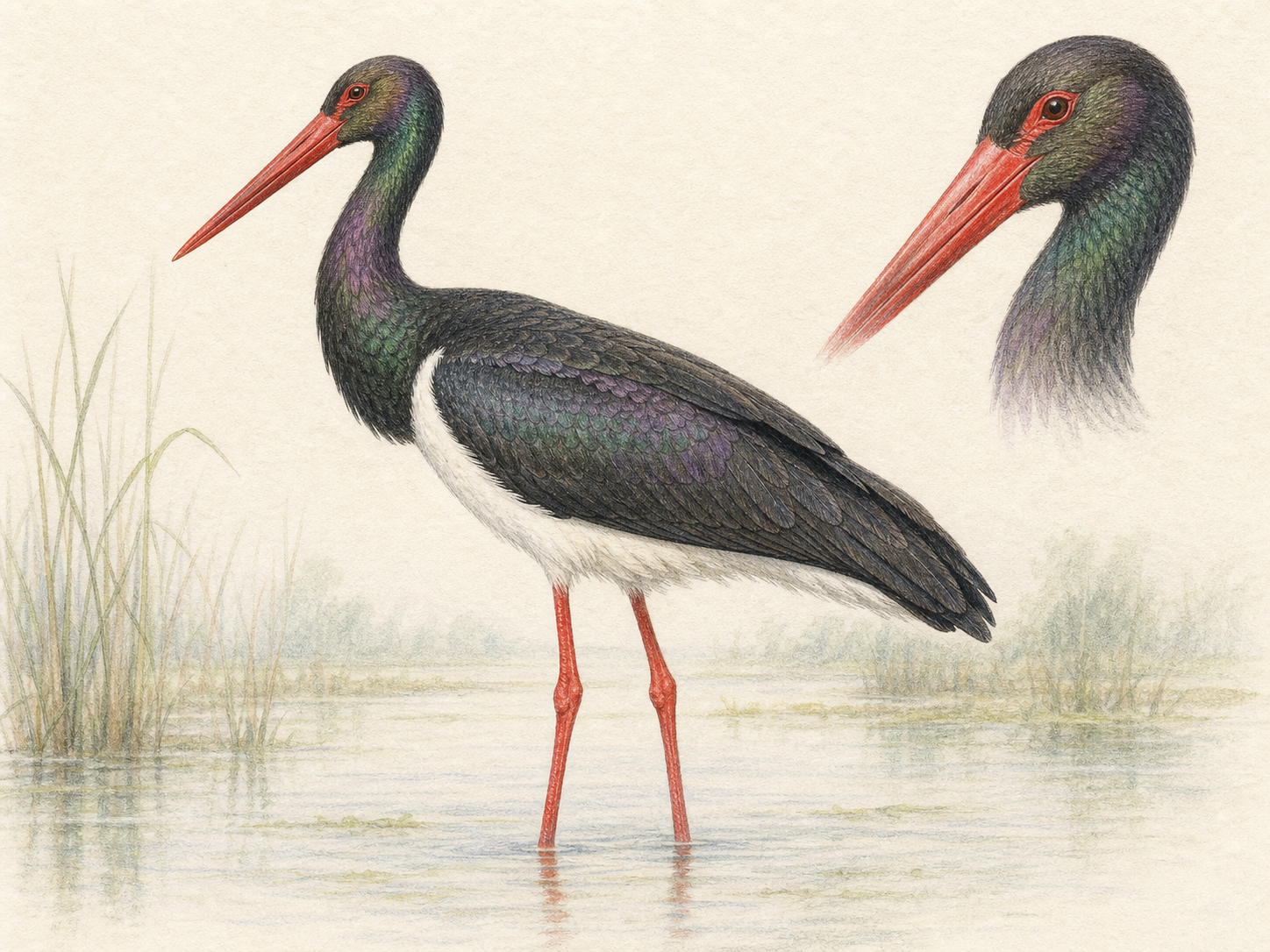 ナベコウ成鳥の横向き姿と頭部を示すFAQ向け参考イラスト