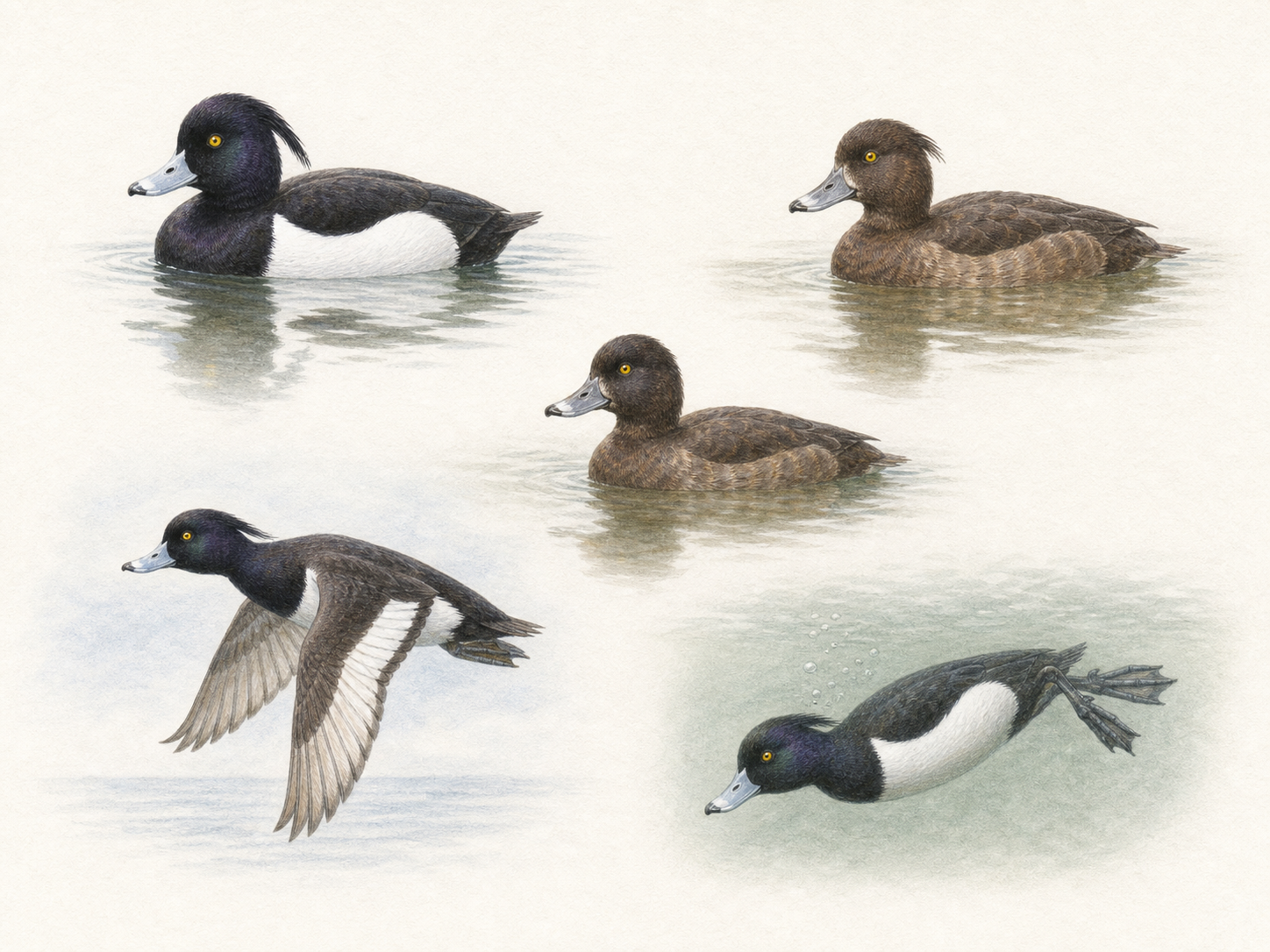 キンクロハジロのオスとメスと飛翔と潜水をまとめた図鑑風イラスト