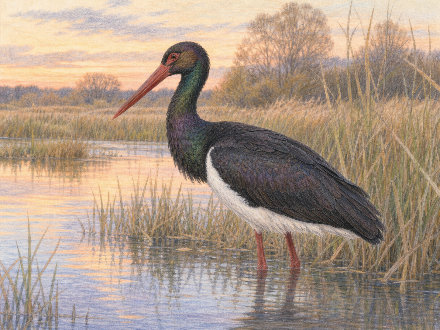 夕方の湿地に立つナベコウ成鳥のまとめ用イラスト