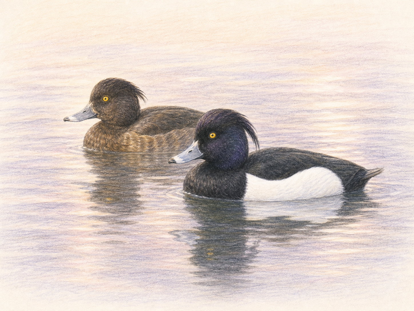 冬の夕方の水面を泳ぐキンクロハジロのオスとメスの淡い色鉛筆画