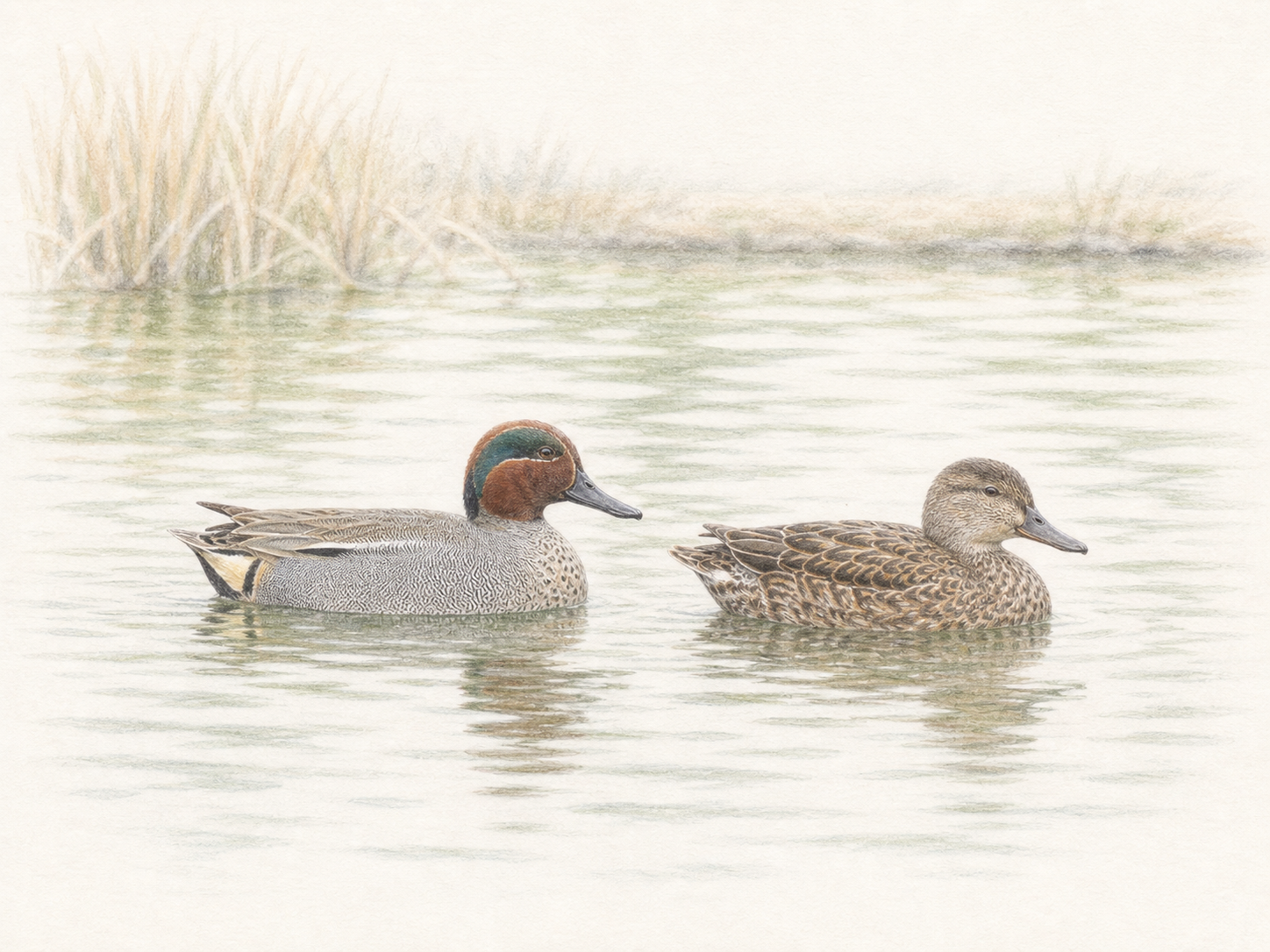 冬の水辺を泳ぐコガモのオスとメスの淡い色鉛筆画