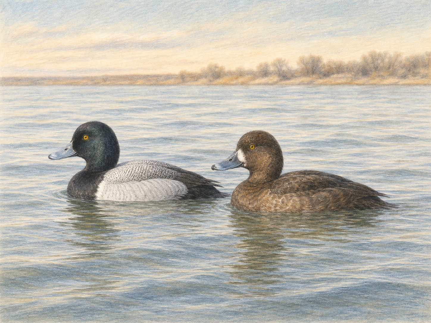 冬の夕方の内湾を並んで泳ぐスズガモのオスとメスの淡い色鉛筆画