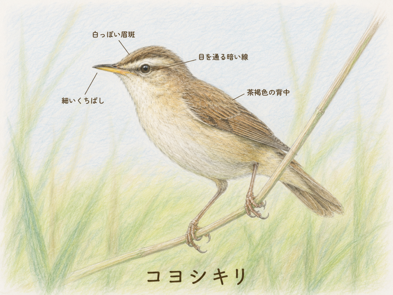 コヨシキリの特徴|白い眉斑と黒っぽい線が目印
